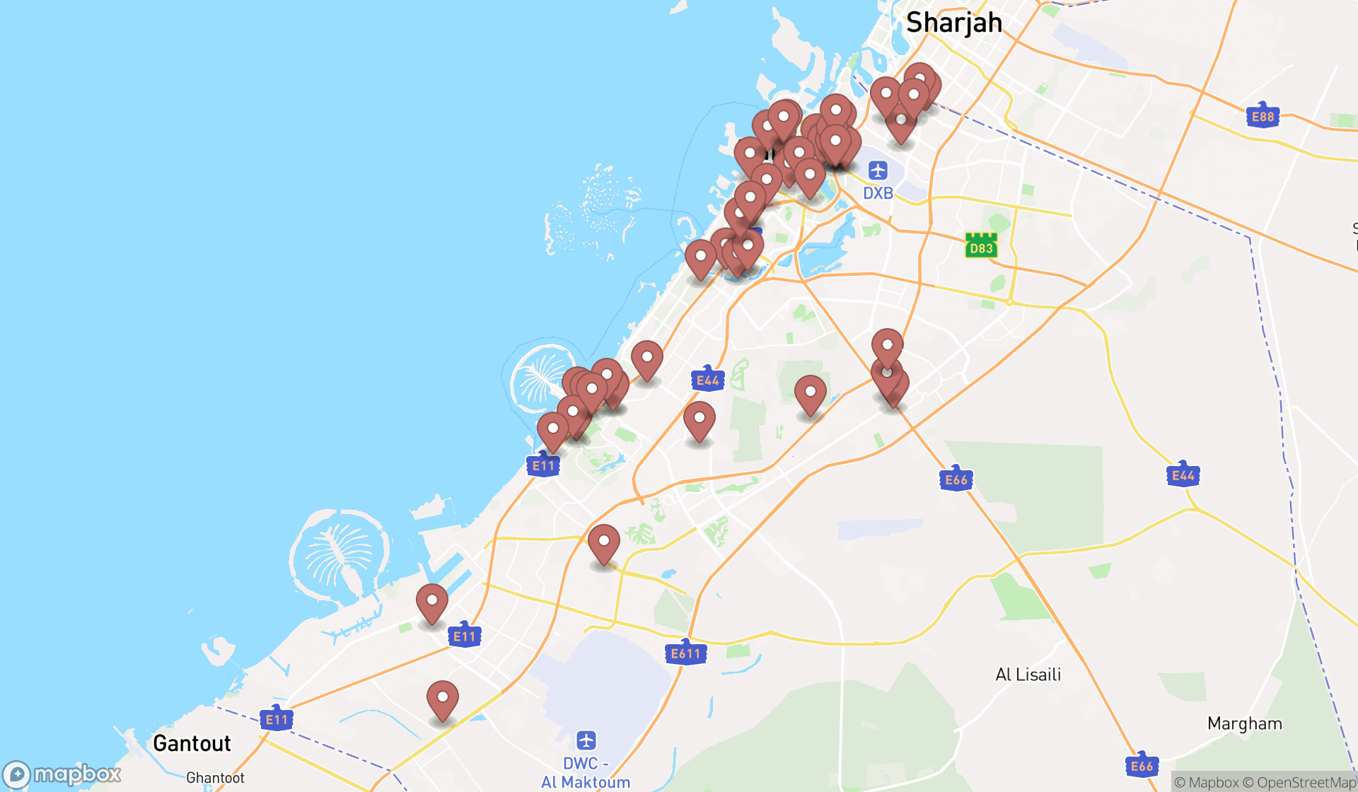 Map showing the search results in Dubai