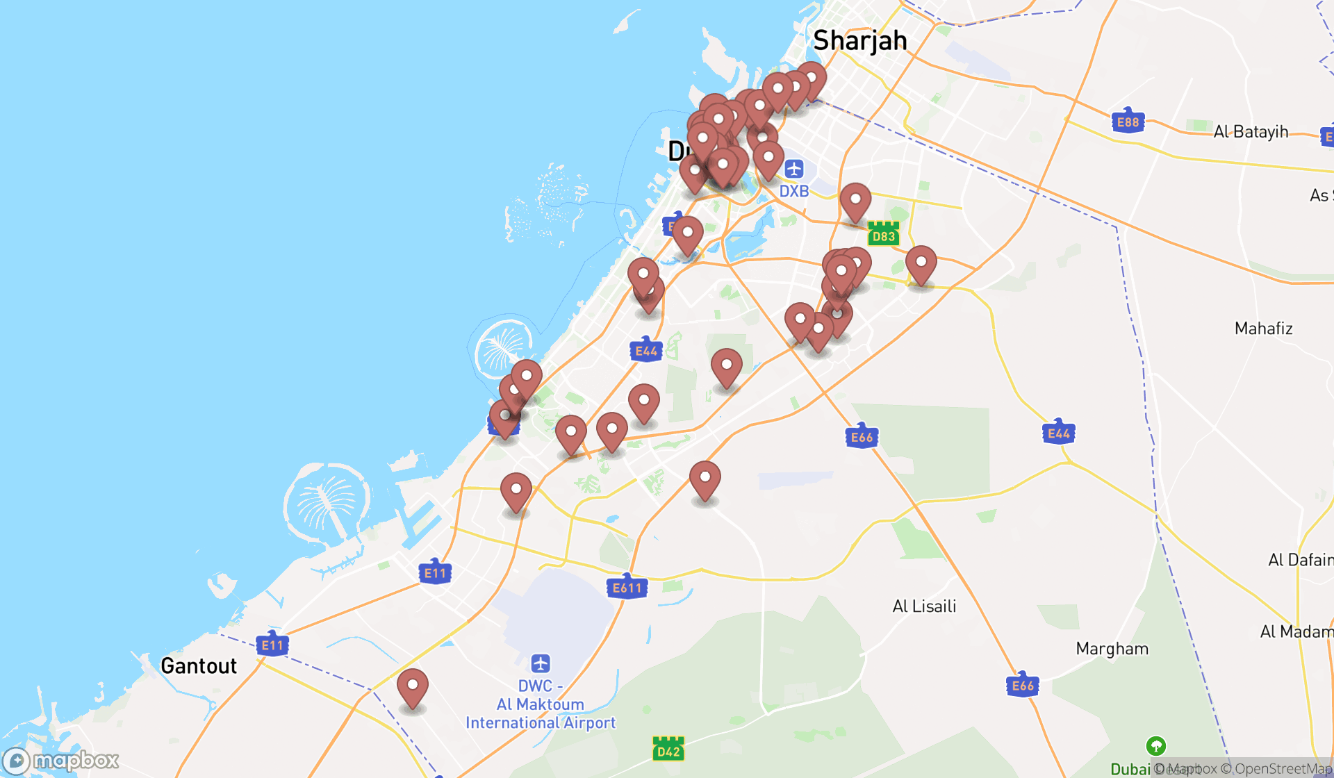 Map showing the search results in Dubai