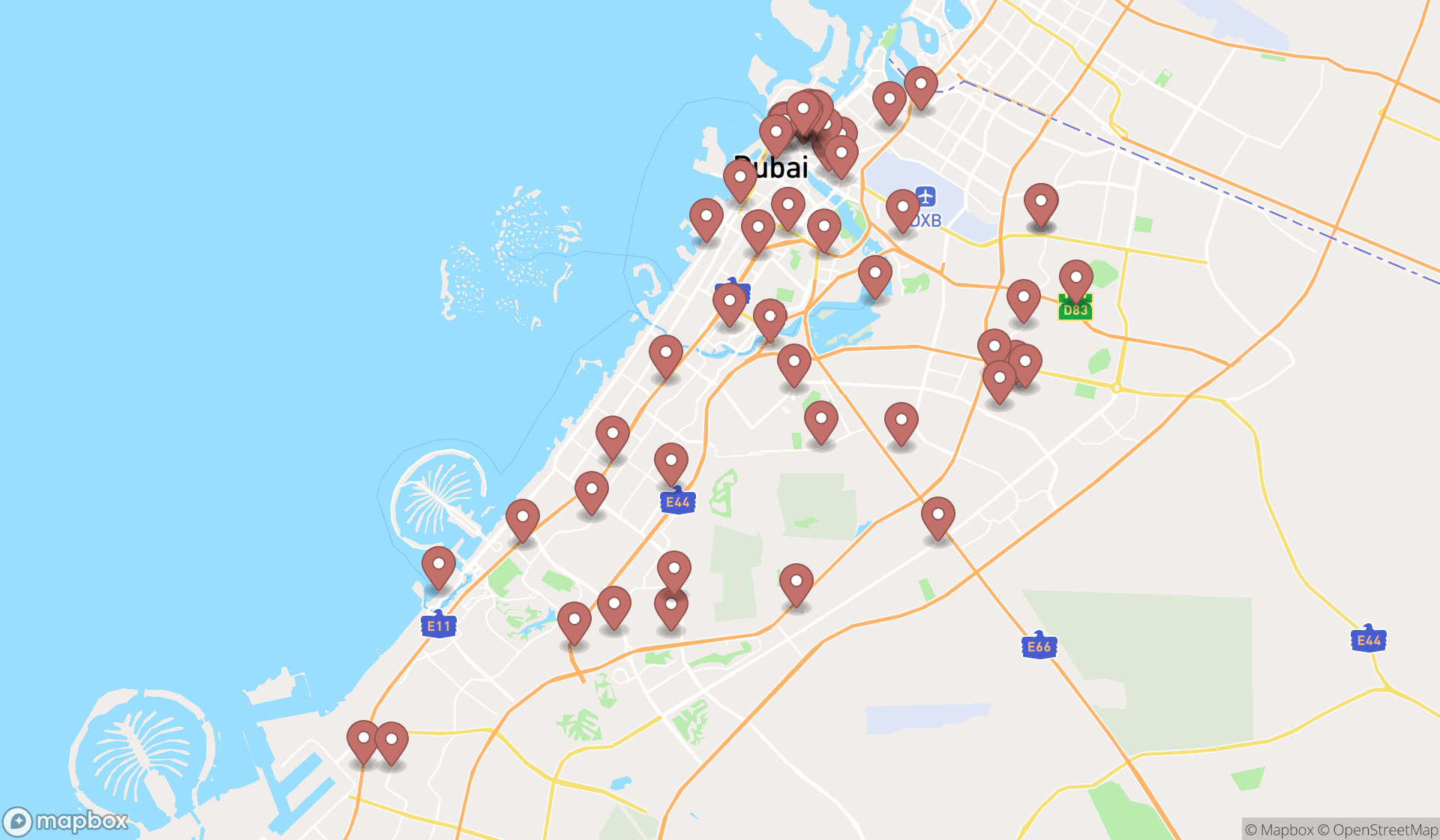 Map showing the search results in Dubai