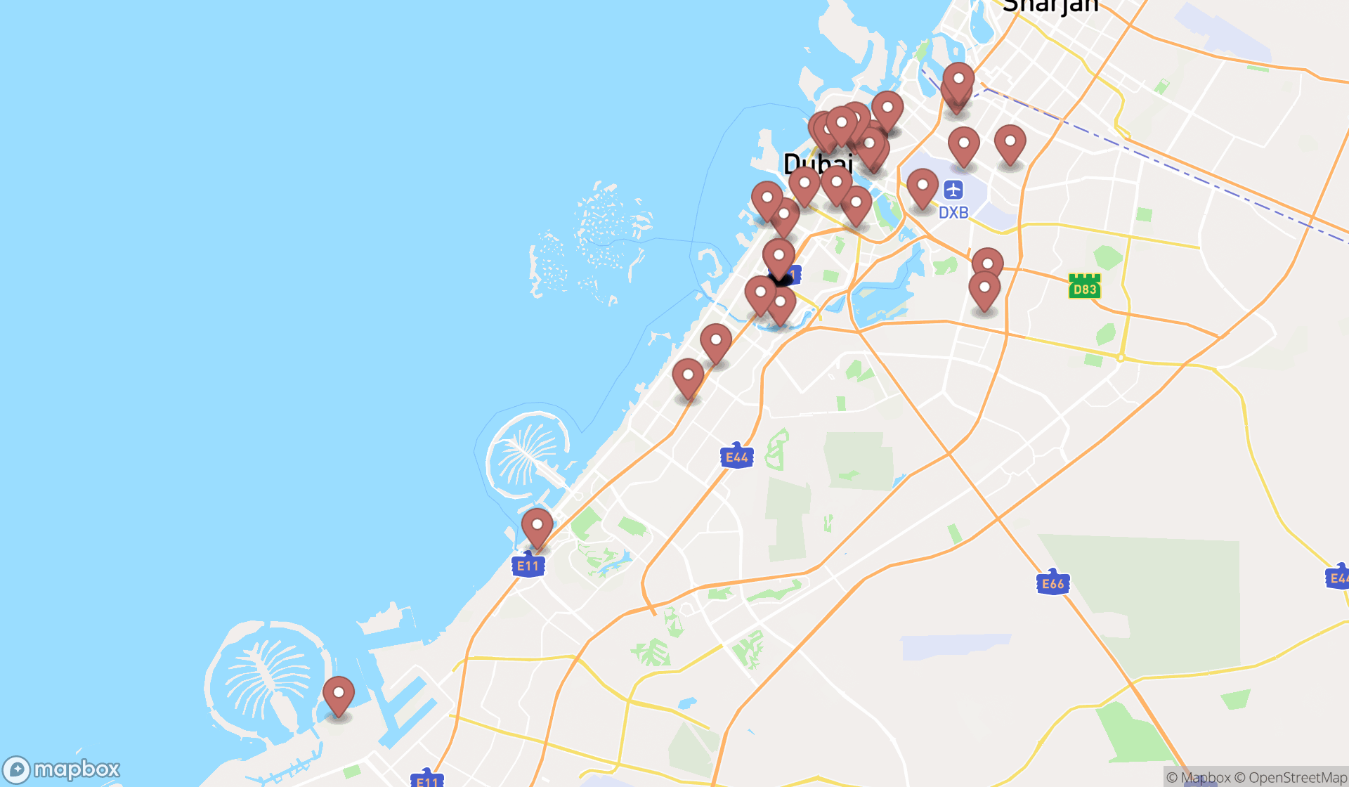Map showing the search results in Dubai