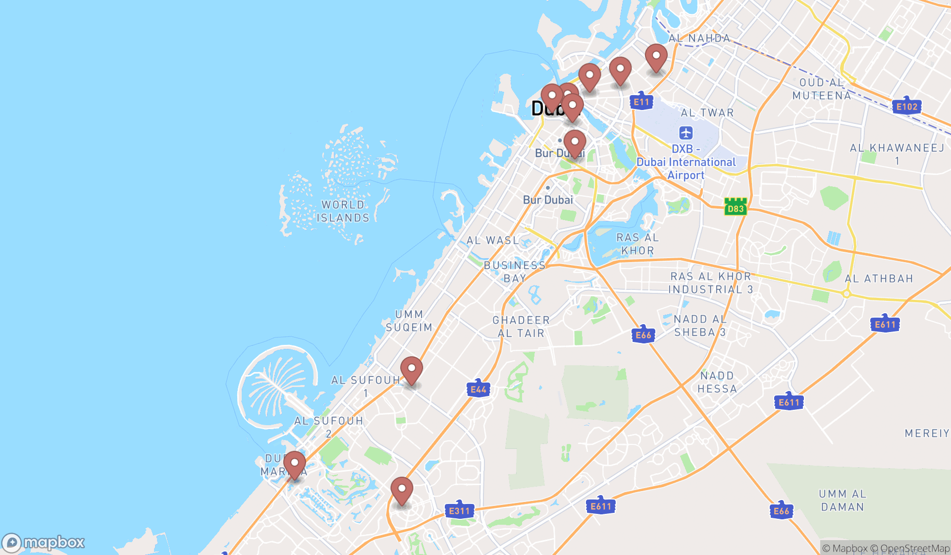 Map showing the search results in Dubai