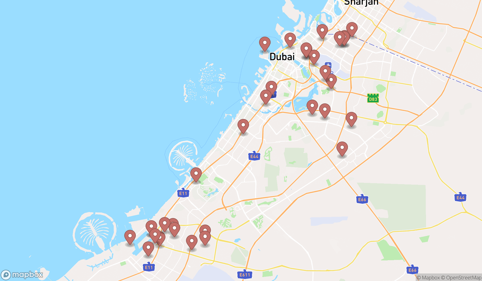 Map showing the search results in Dubai