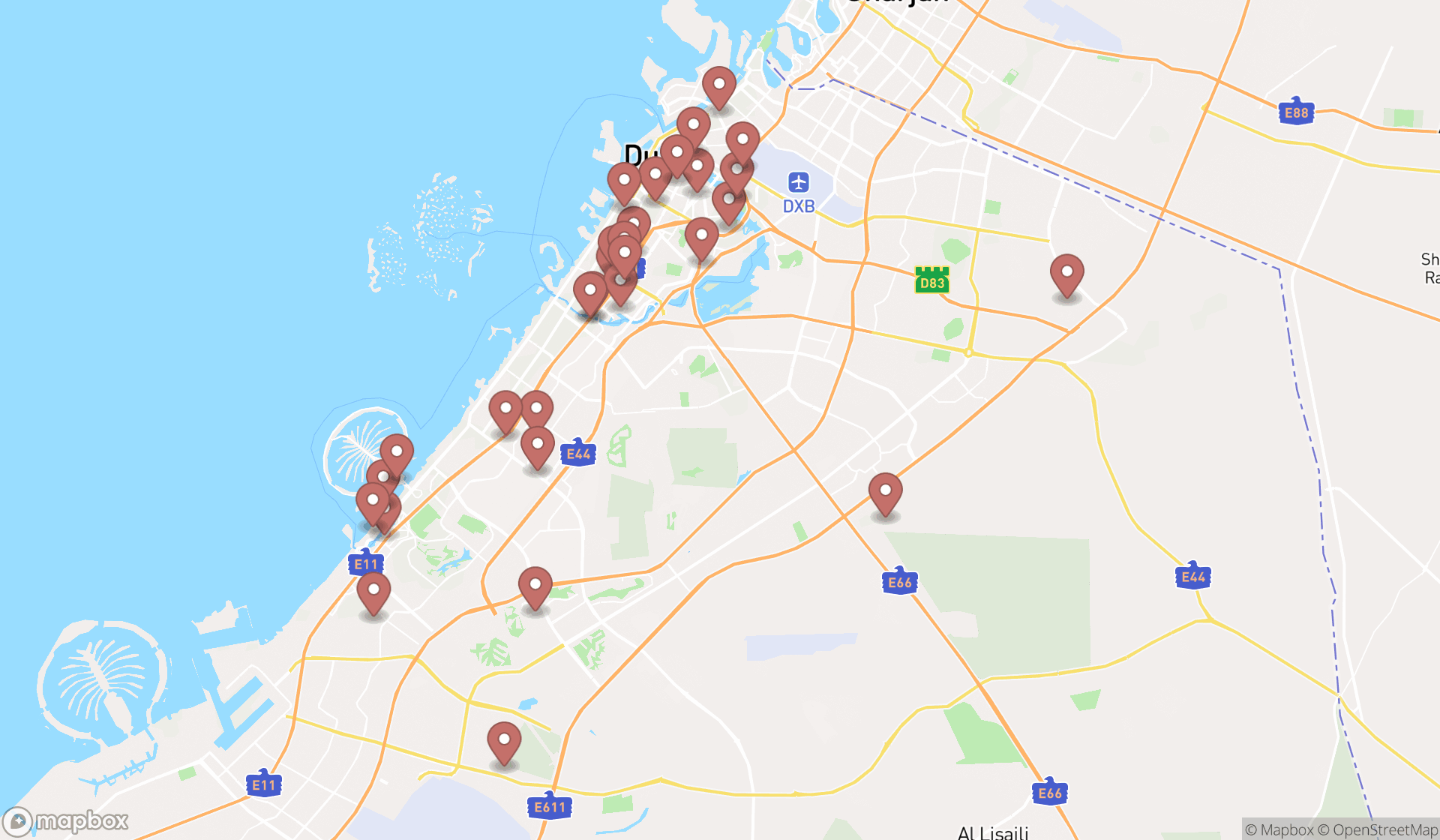 Map showing the search results in Dubai