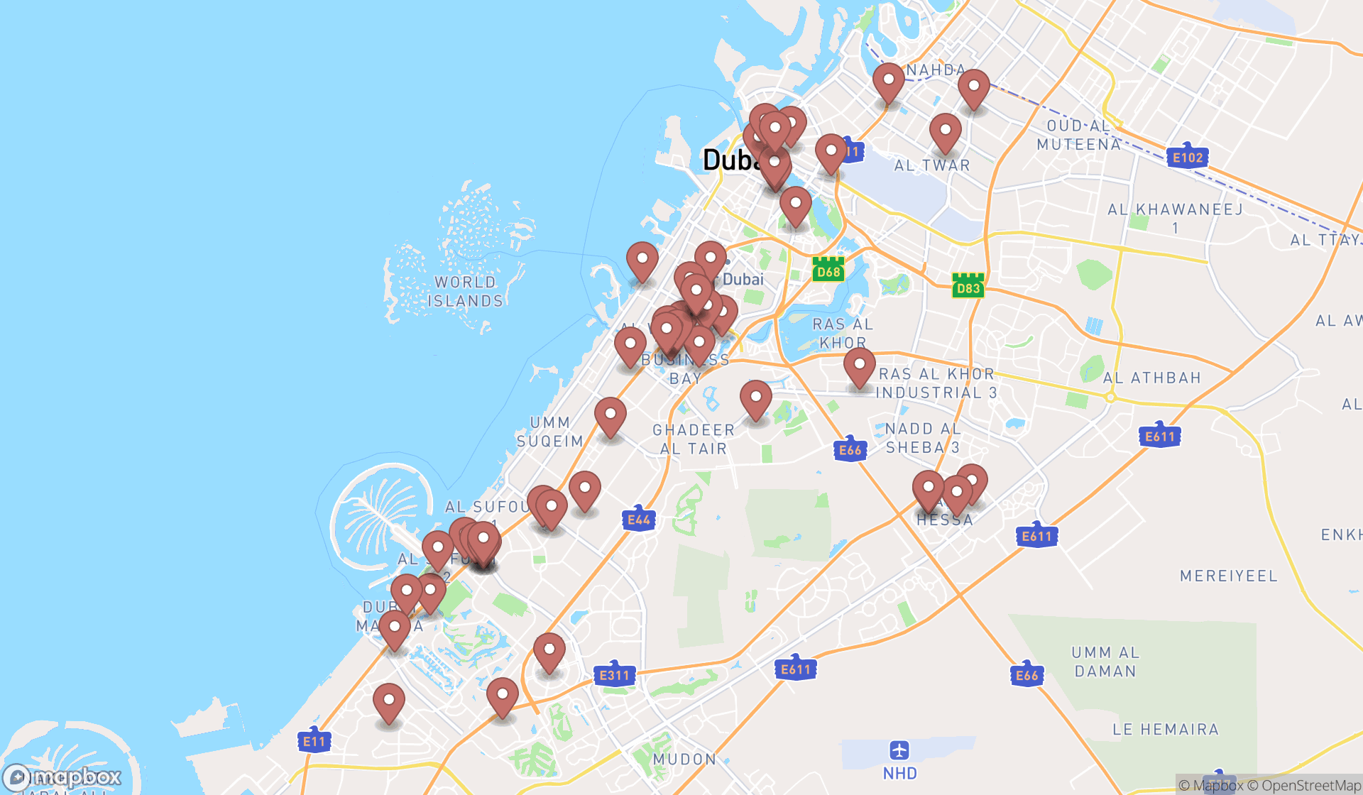 Map showing the search results in Dubai