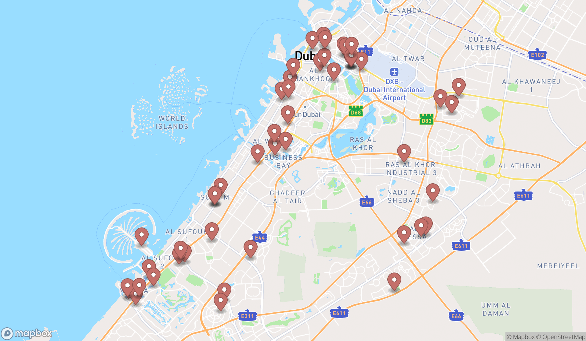 Map showing the search results in Dubai