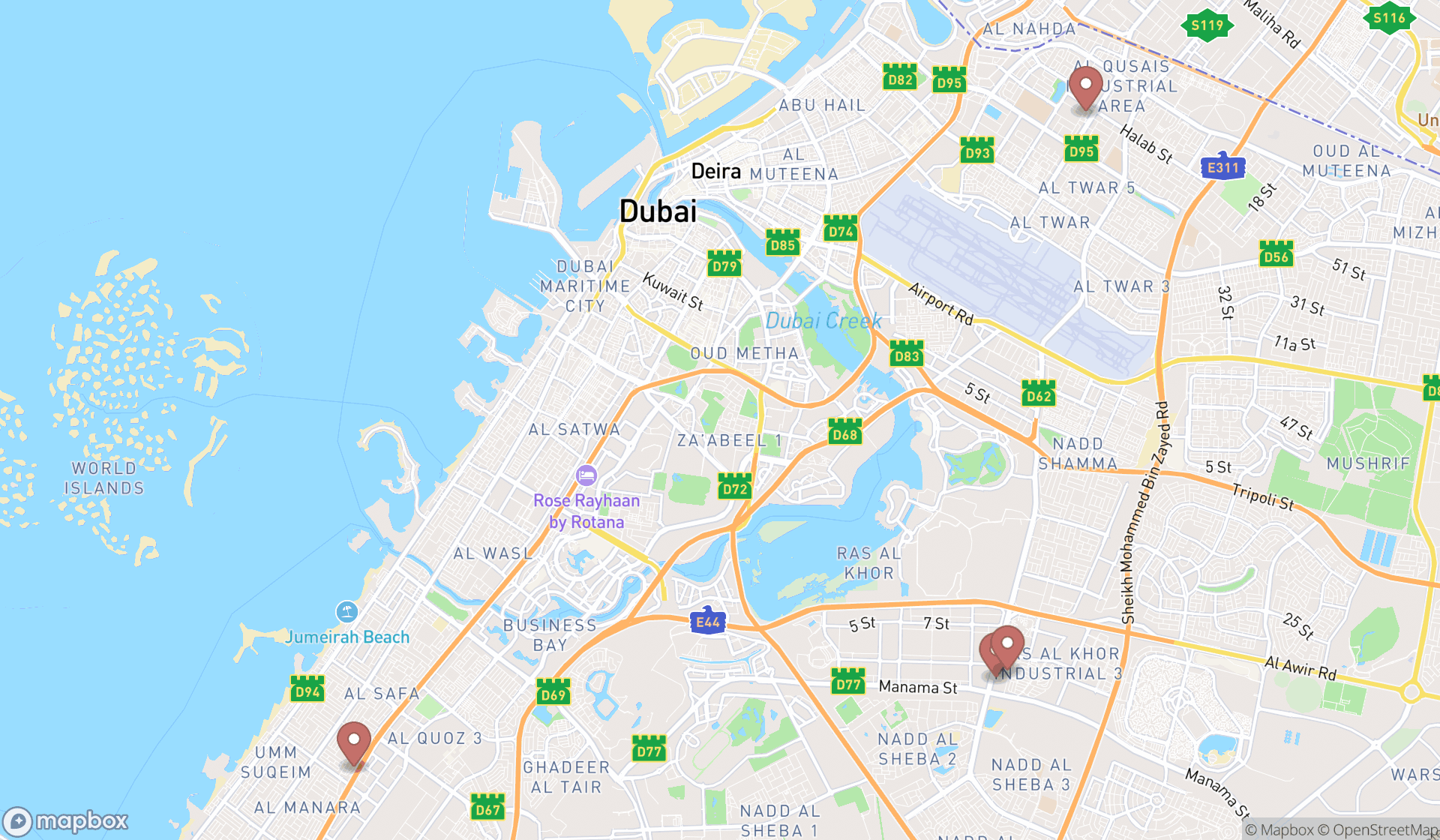 Map showing the search results in Dubai