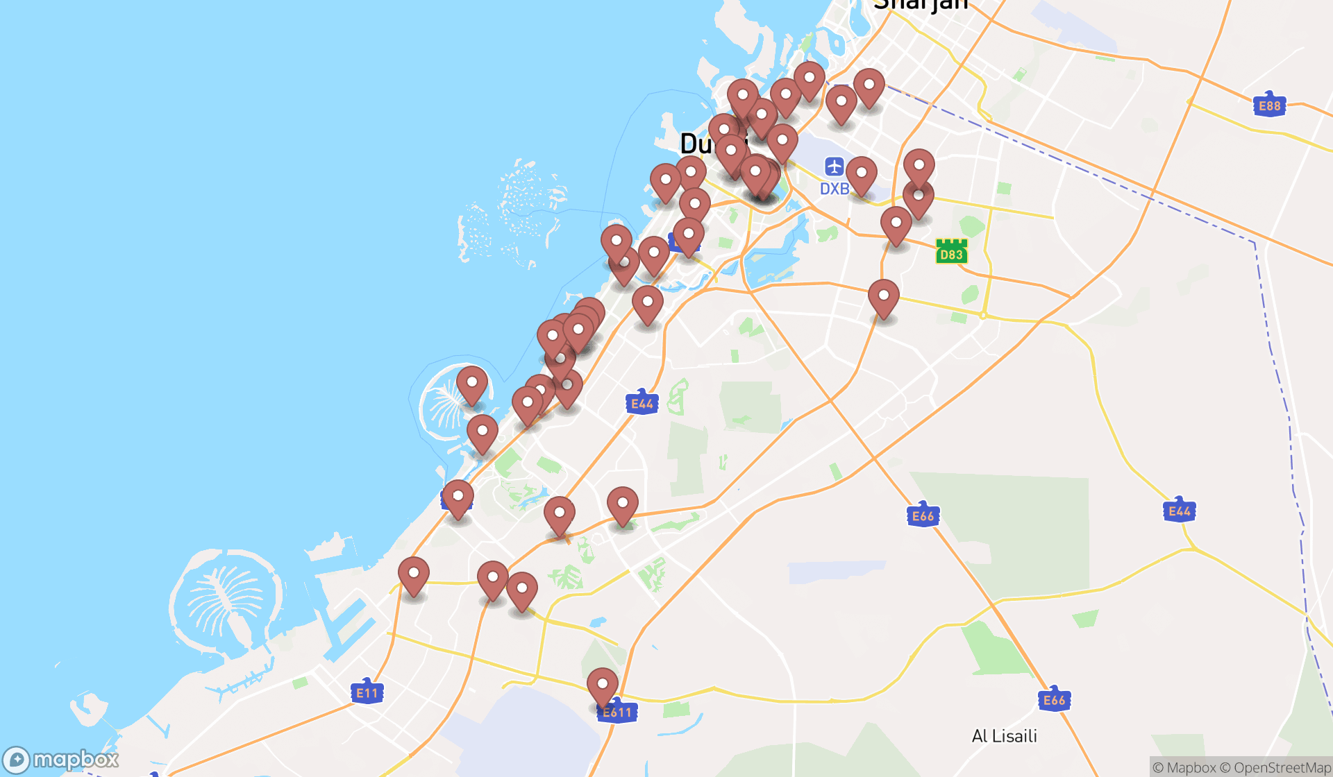 Map showing the search results in Dubai