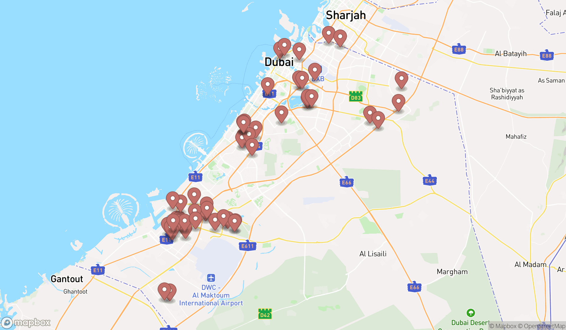 Map showing the search results in Dubai