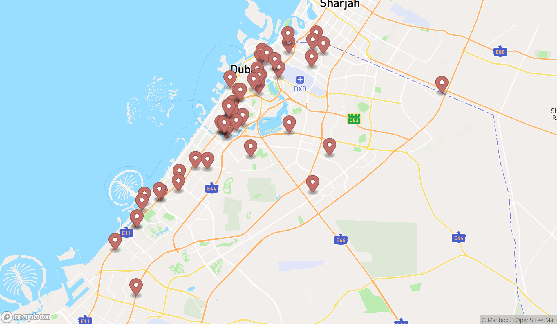 Map showing the search results in Dubai