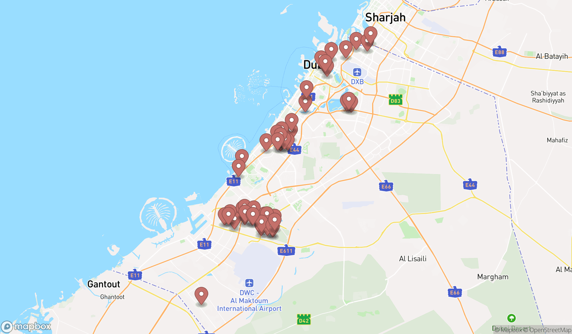 Map showing the search results in Dubai