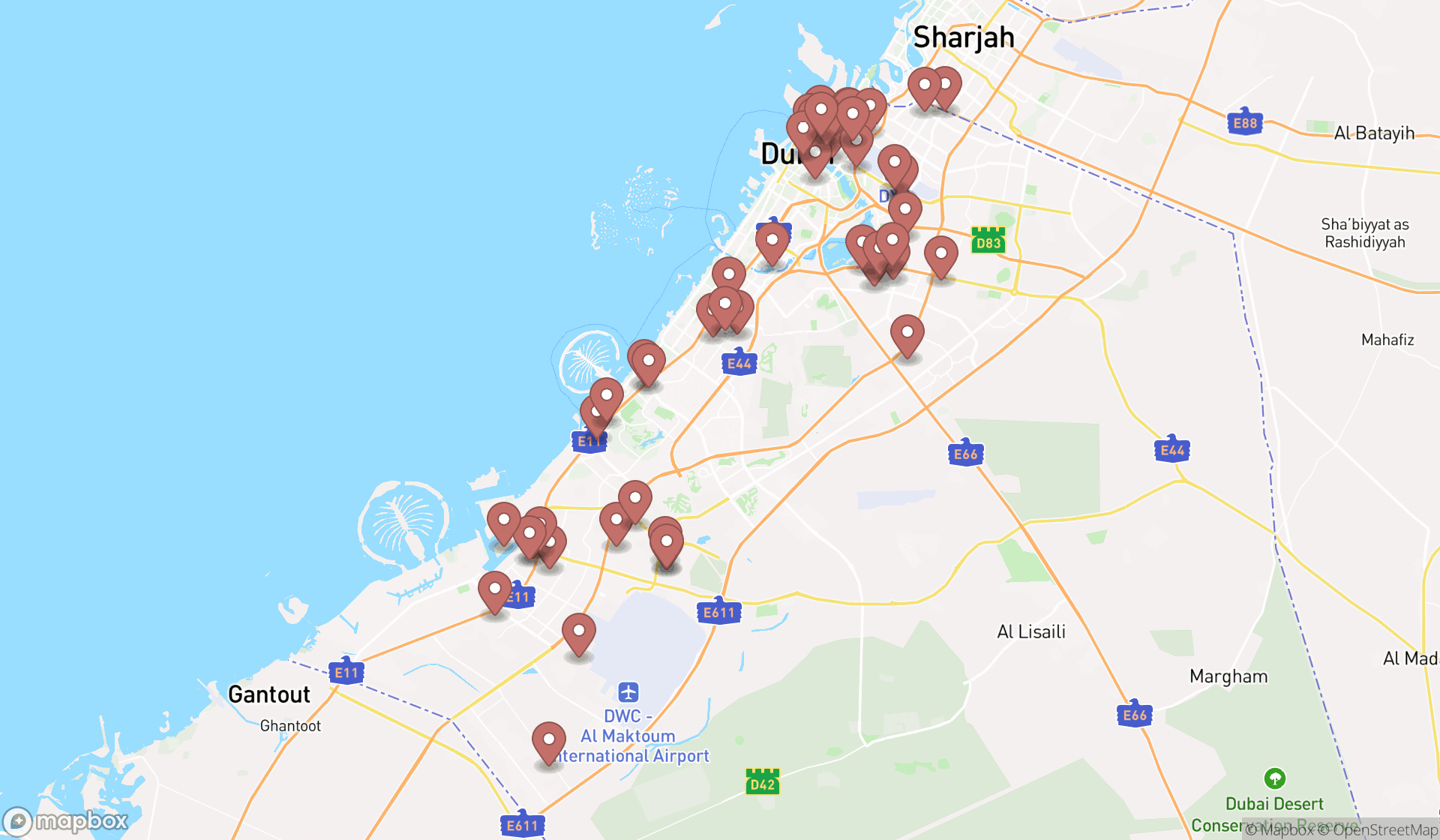 Map showing the search results in Dubai