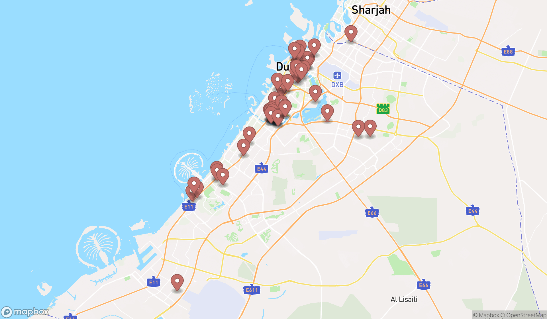 Map showing the search results in Dubai