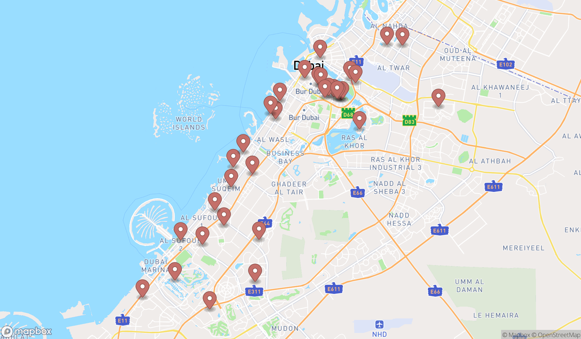 Map showing the search results in Dubai