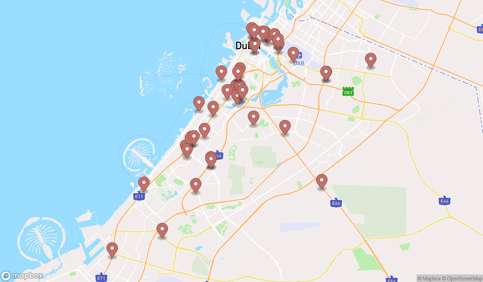 Map showing the search results in Dubai