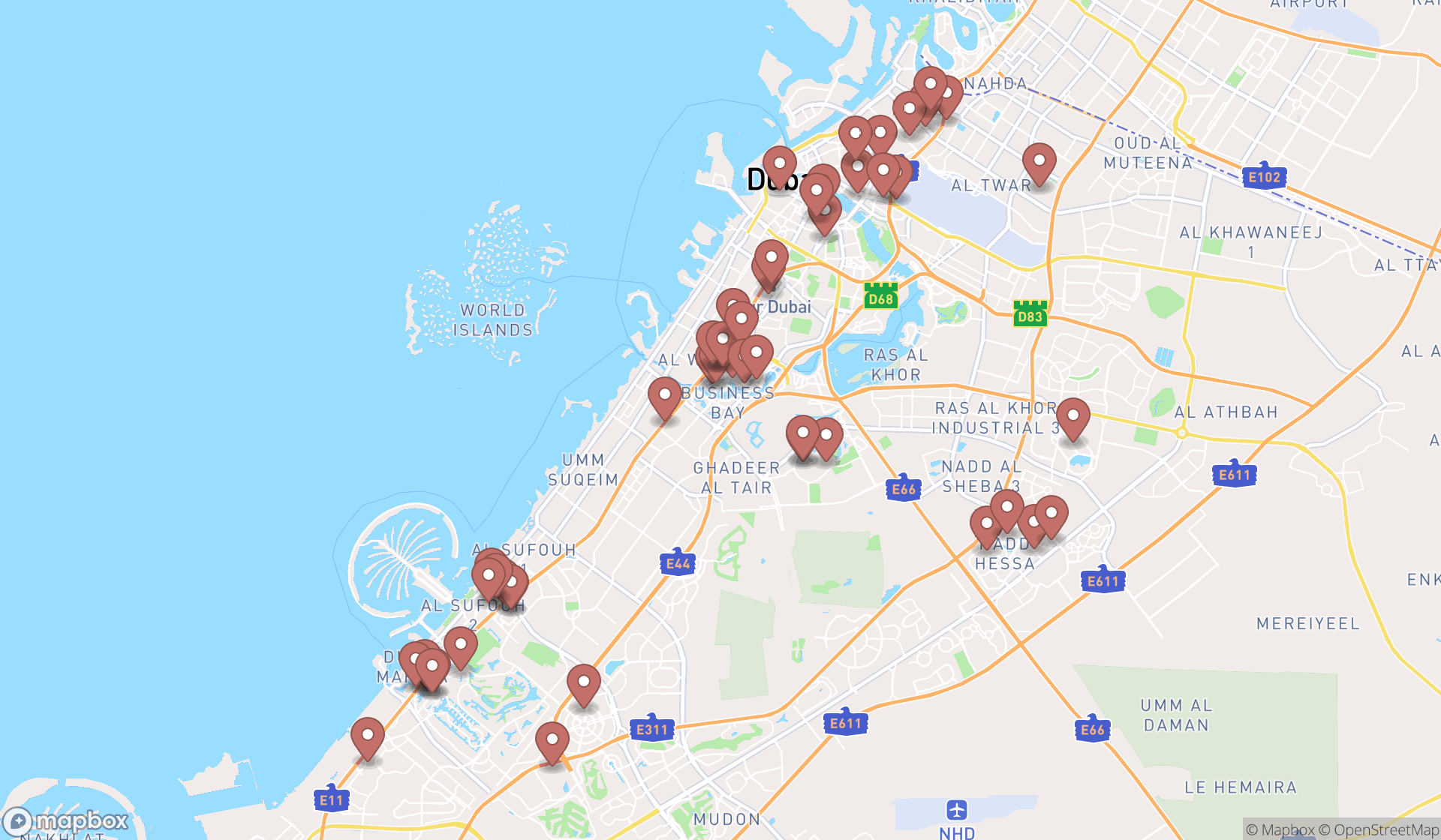 Map showing the search results in Dubai
