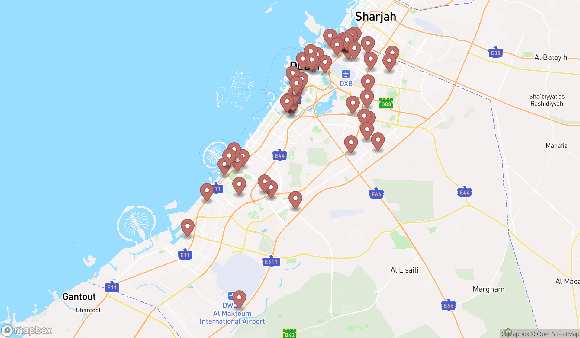 Map showing the search results in Dubai