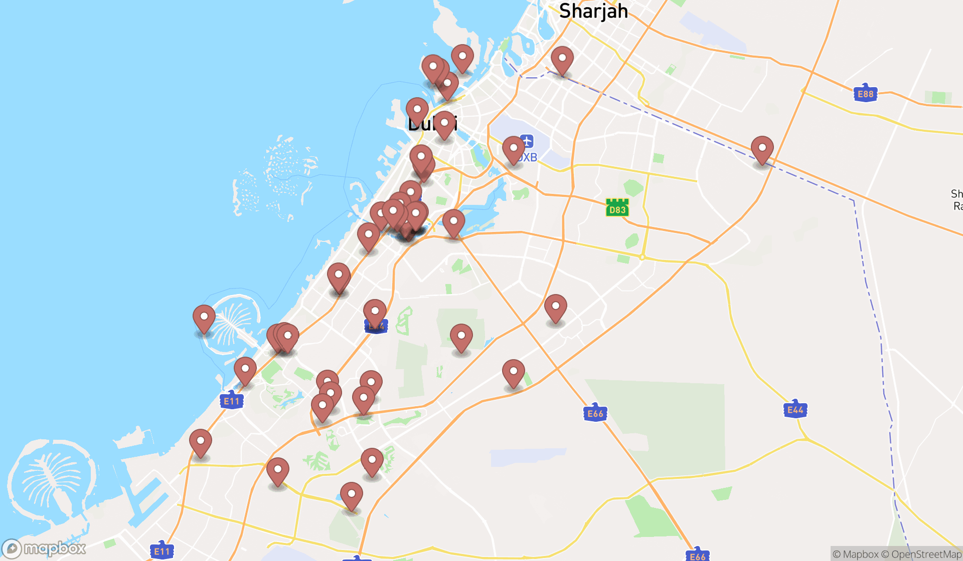 Map showing the search results in Dubai