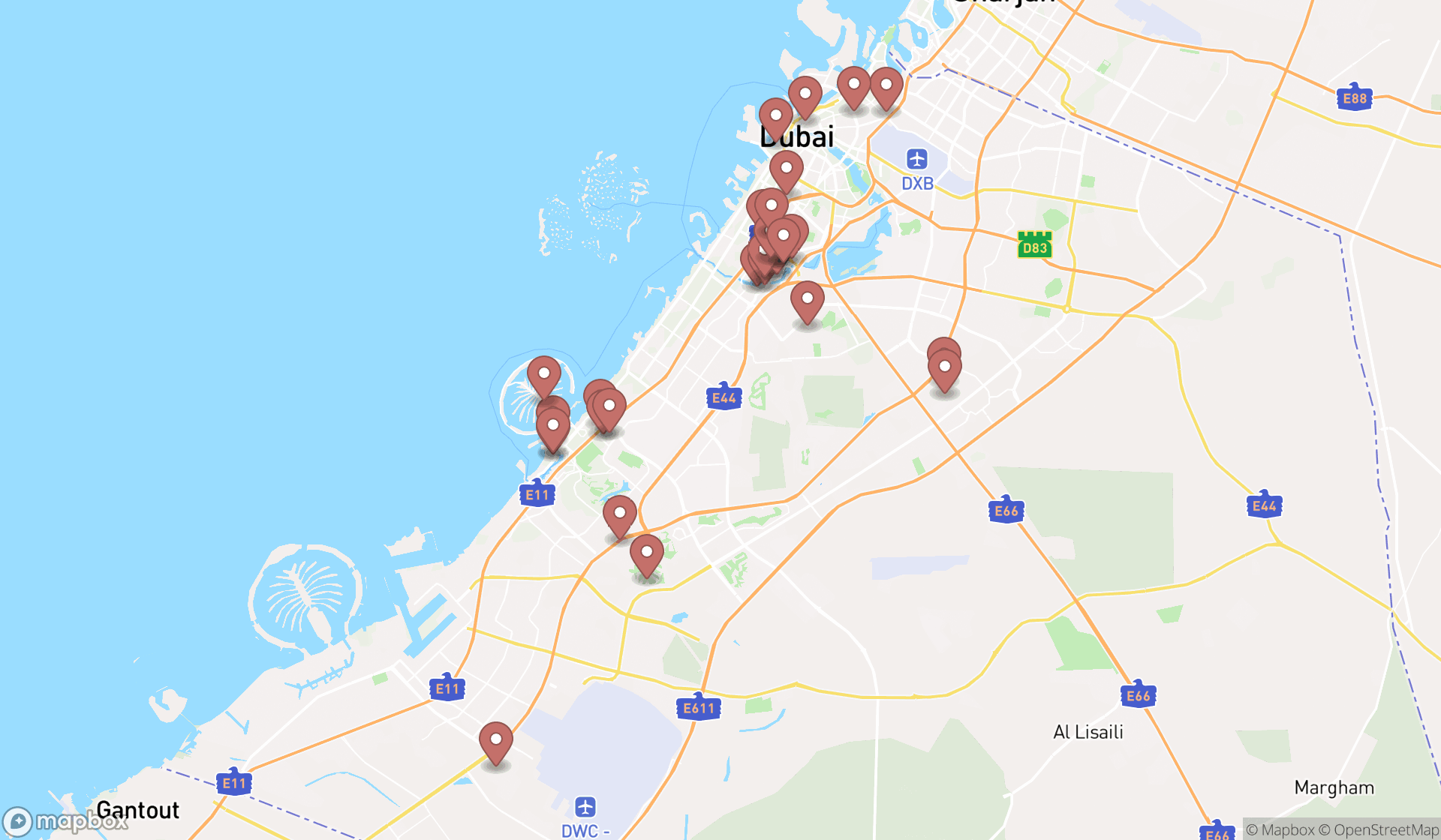 Map showing the search results in Dubai