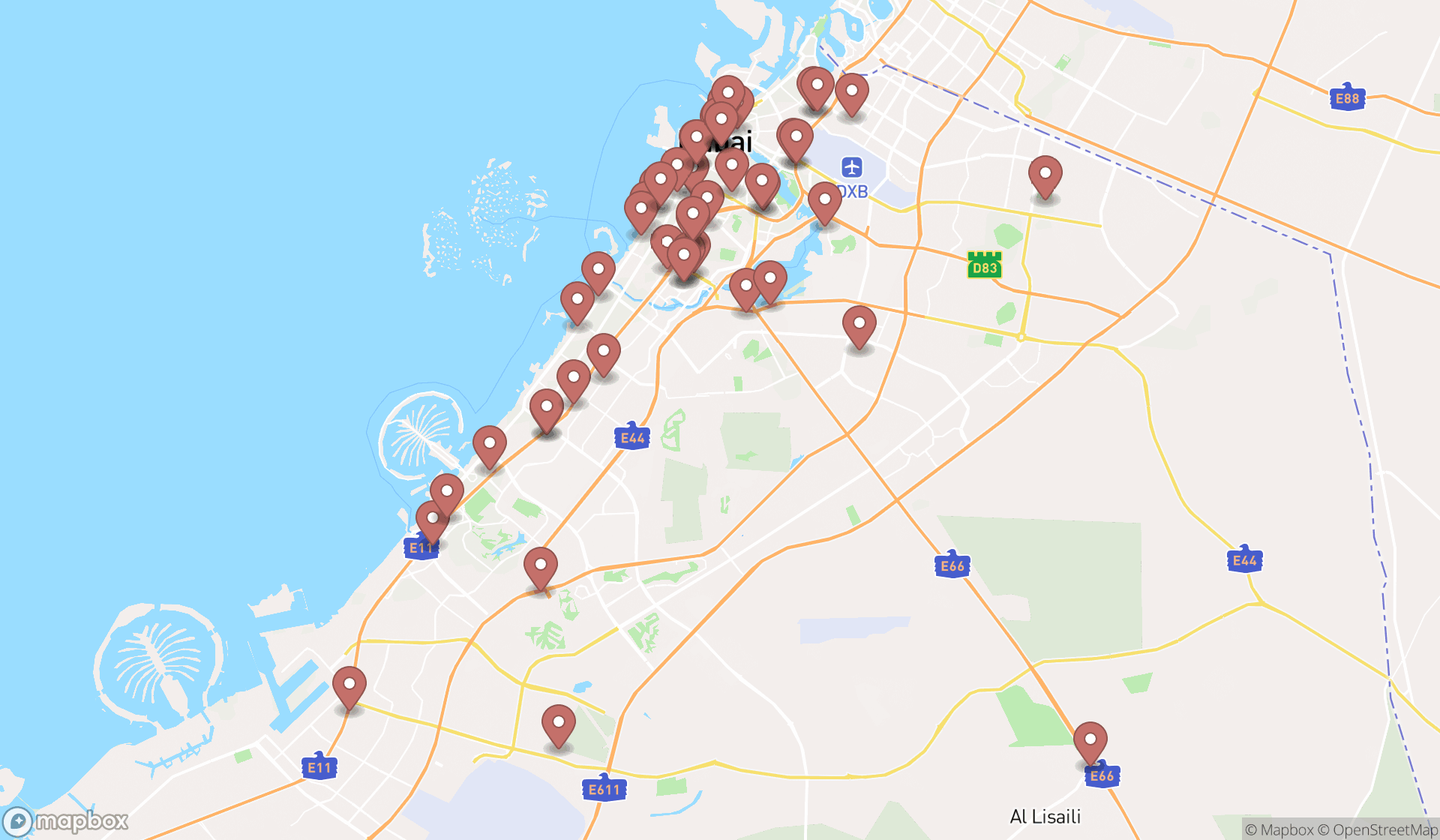 Map showing the search results in Dubai