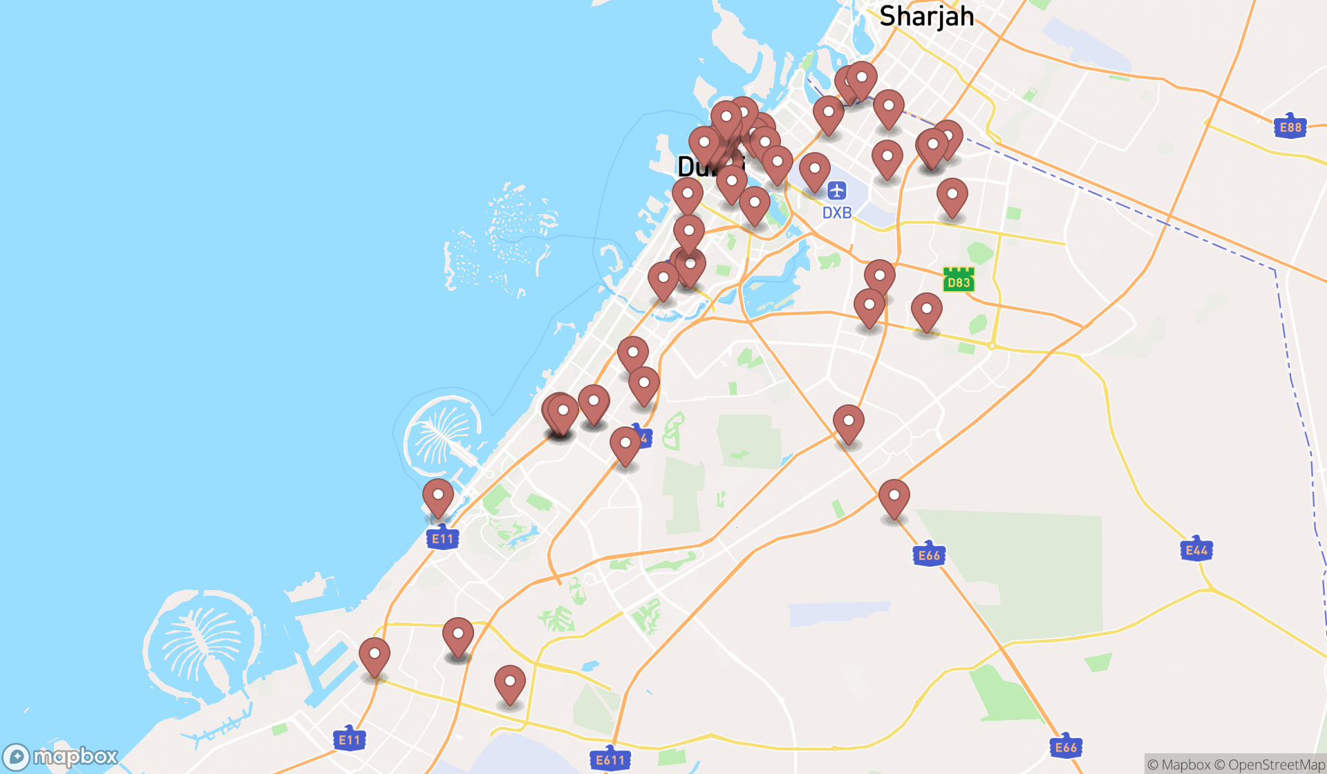 Map showing the search results in Dubai