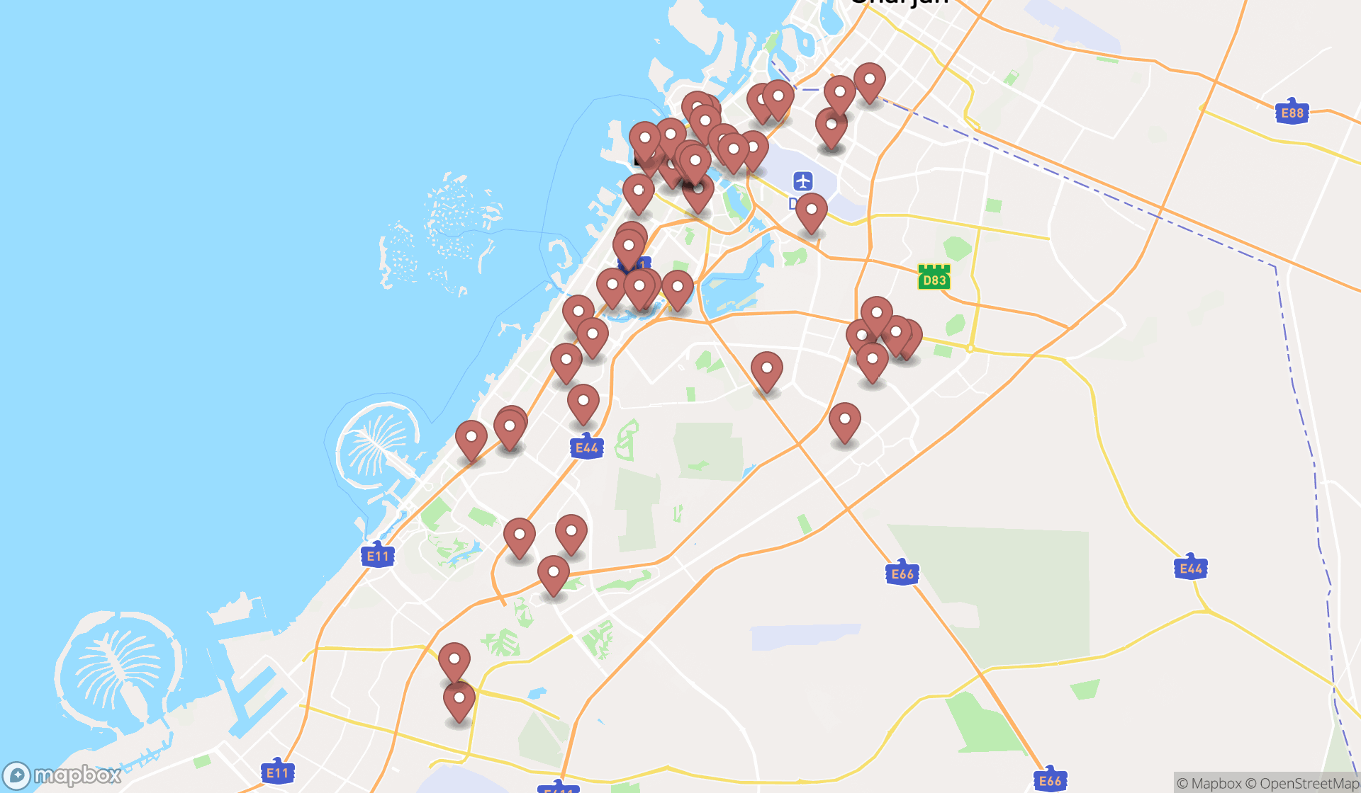 Map showing the search results in Dubai