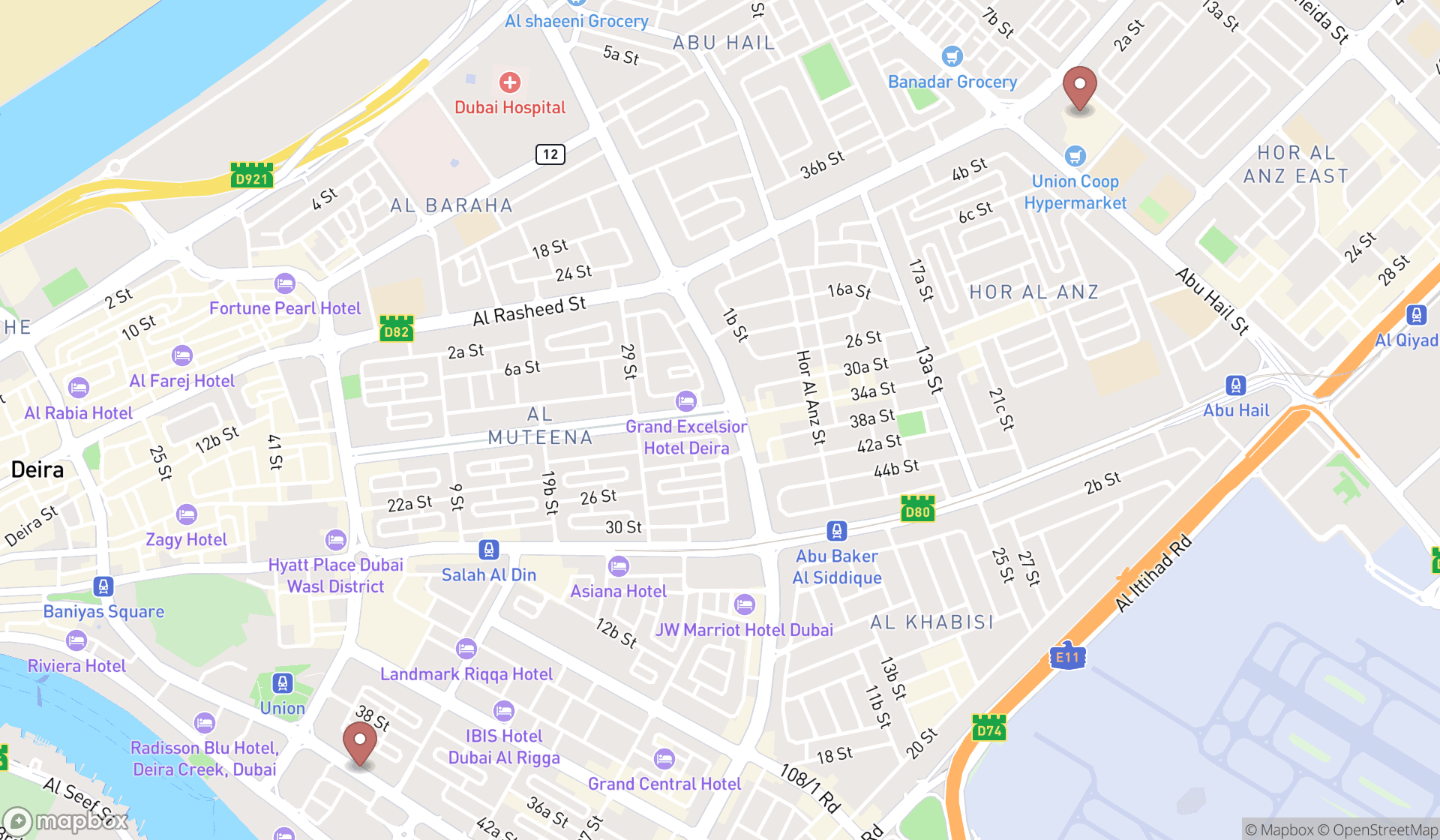 Map showing the search results in Dubai