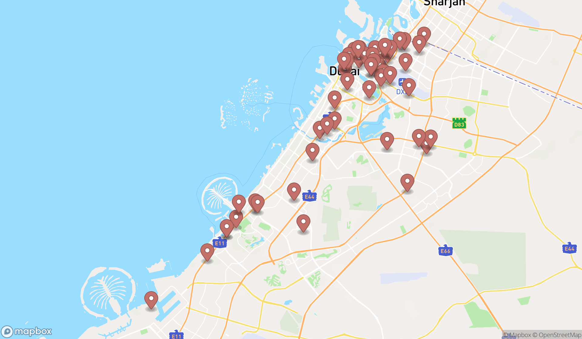 Map showing the search results in Dubai