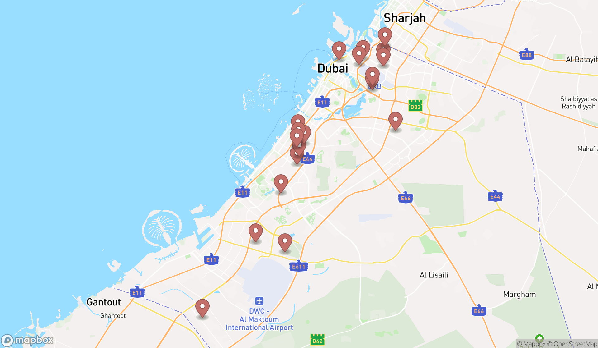 Map showing the search results in Dubai