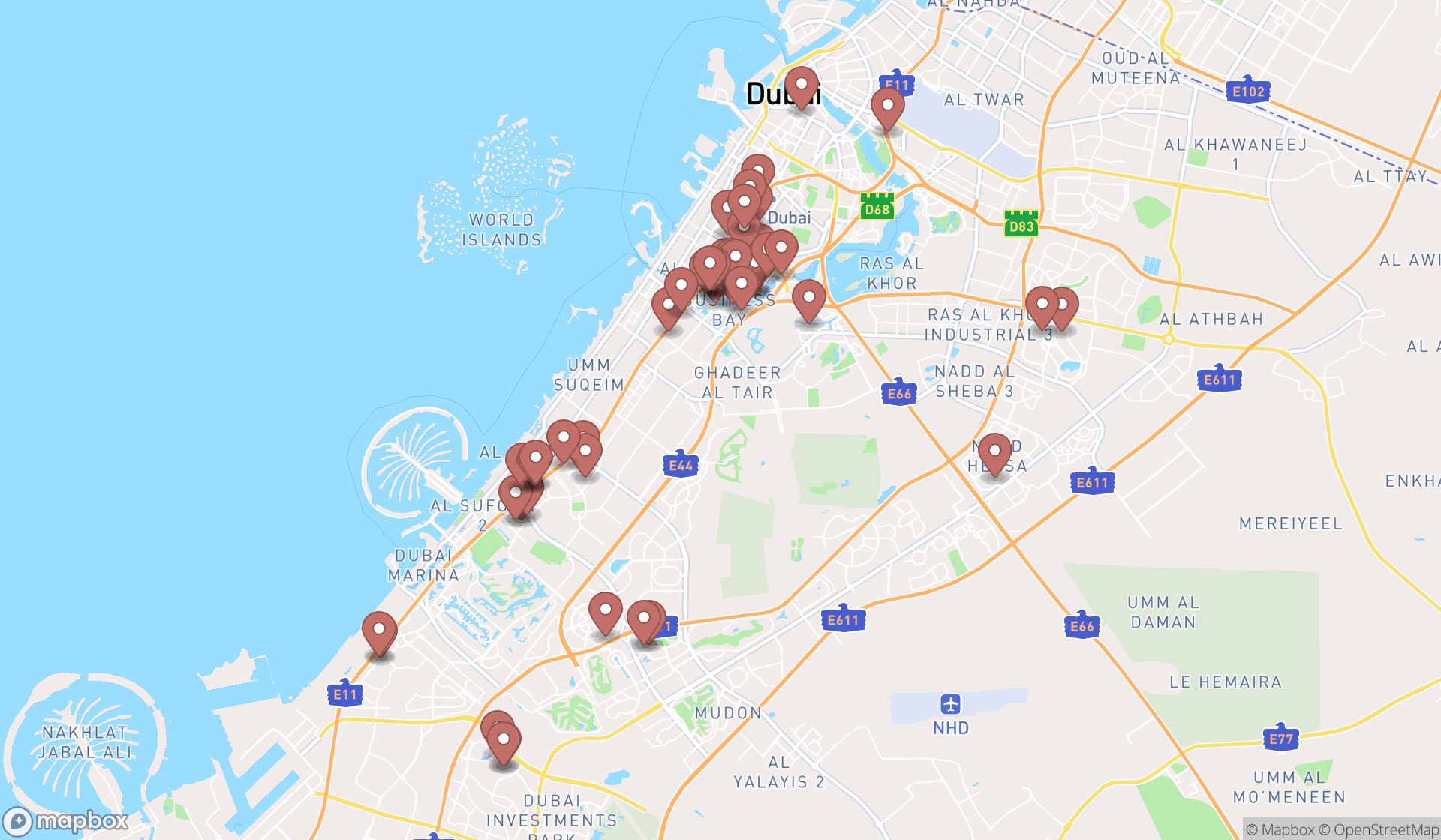 Map showing the search results in Dubai