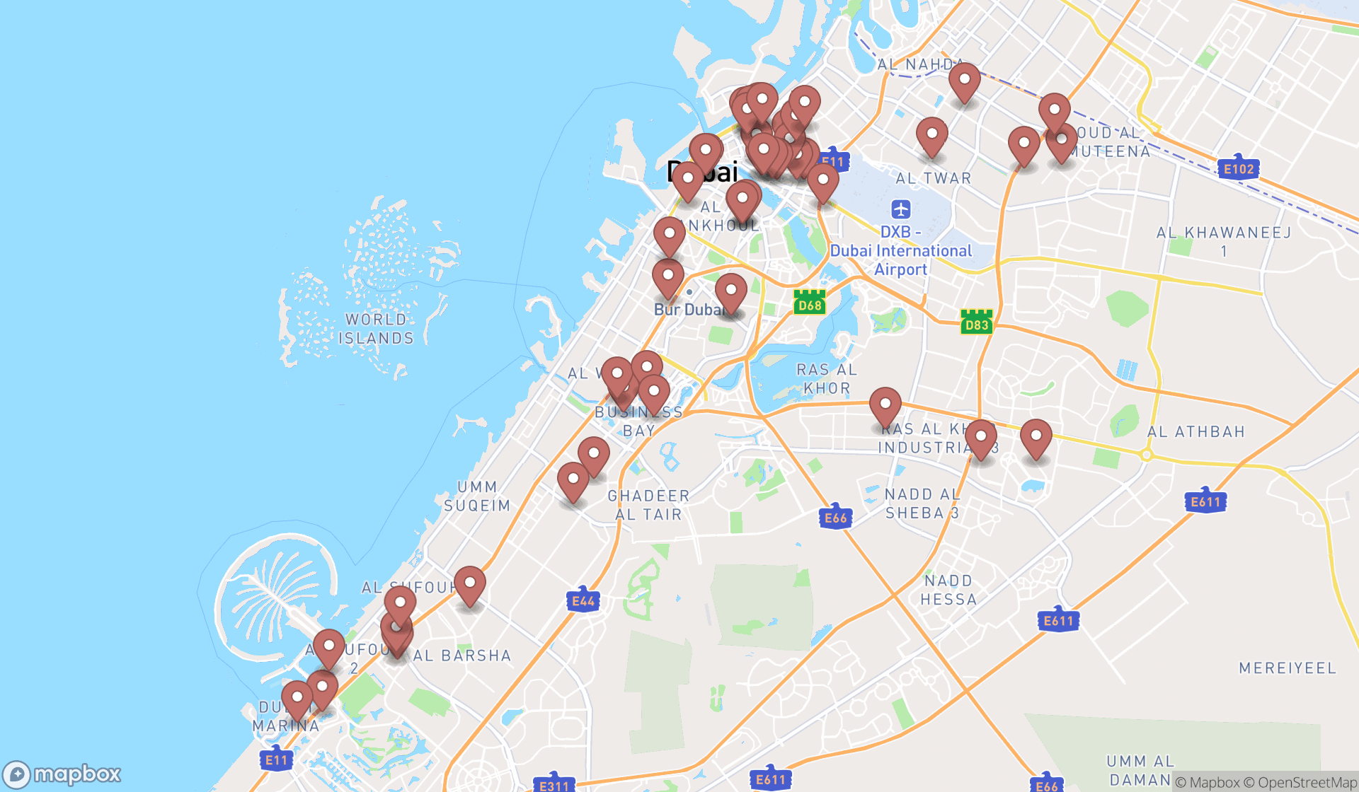 Map showing the search results in Dubai