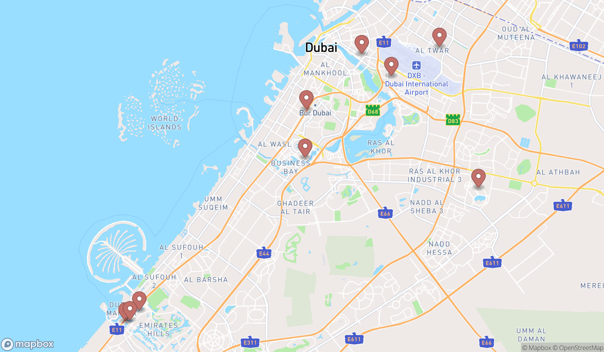 Map showing the search results in Dubai