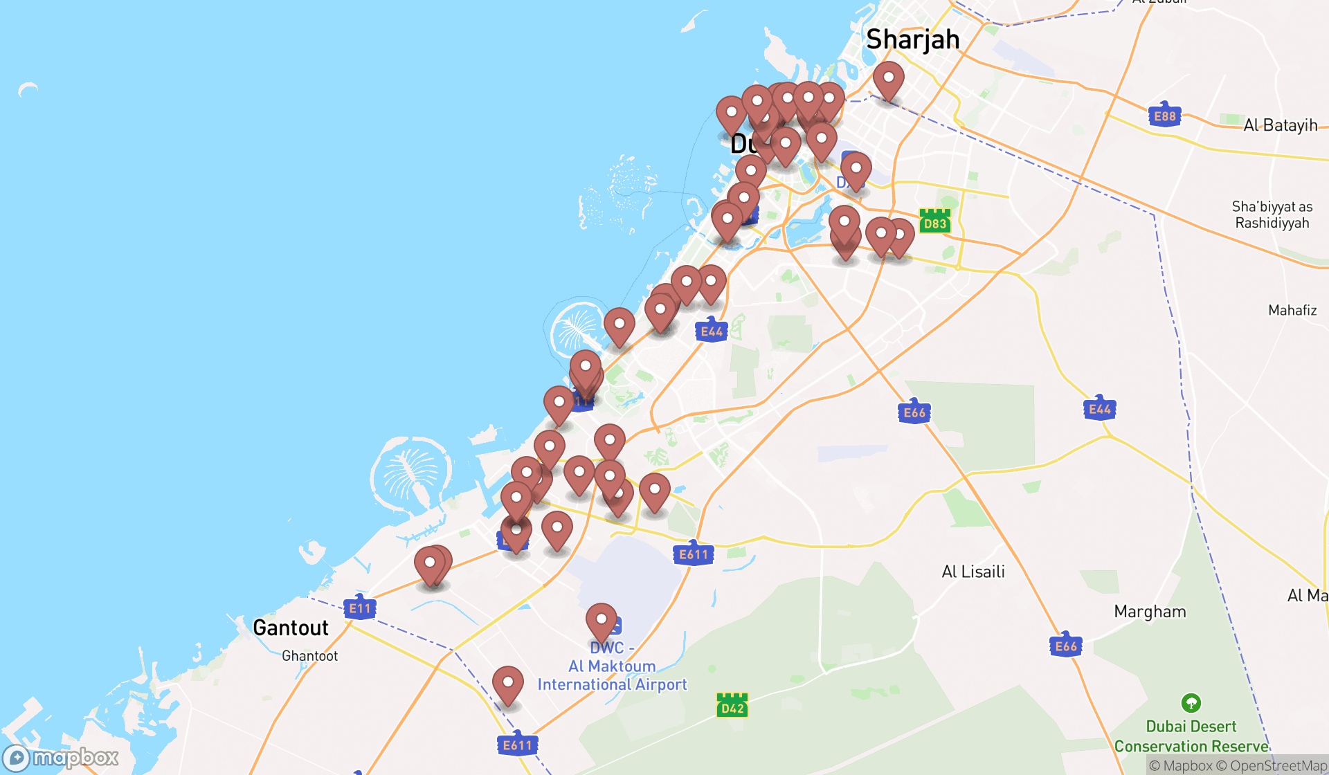 Map showing the search results in Dubai
