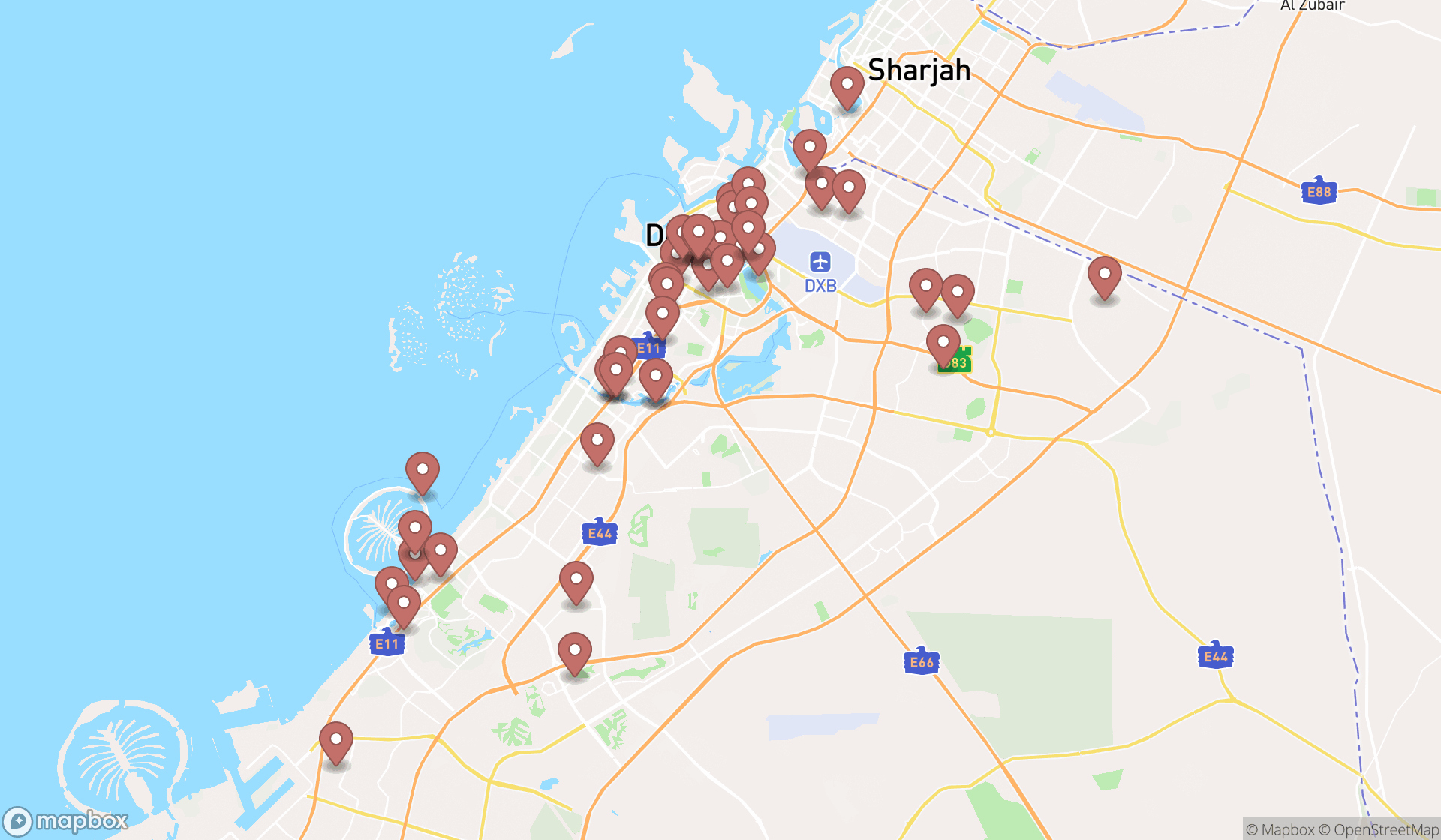 Map showing the search results in Dubai