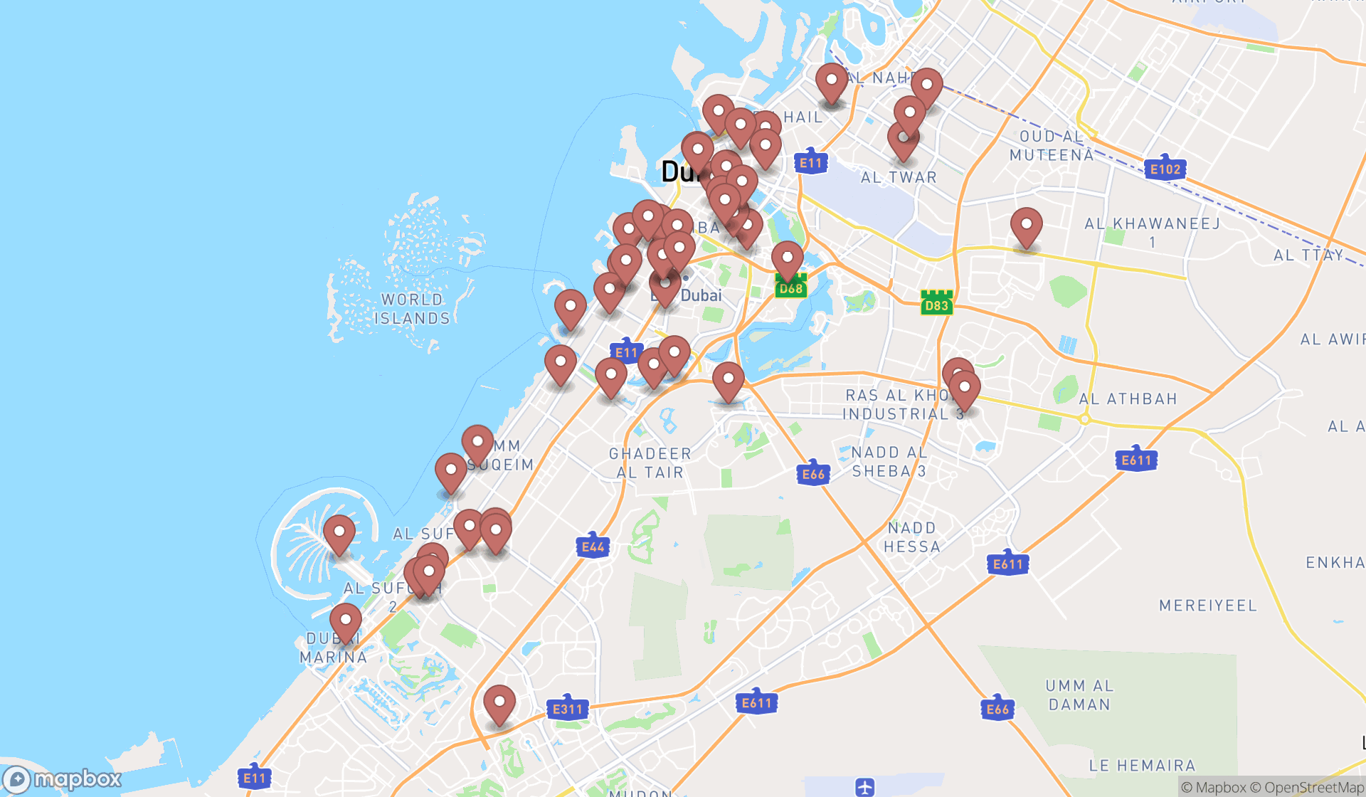 Map showing the search results in Dubai