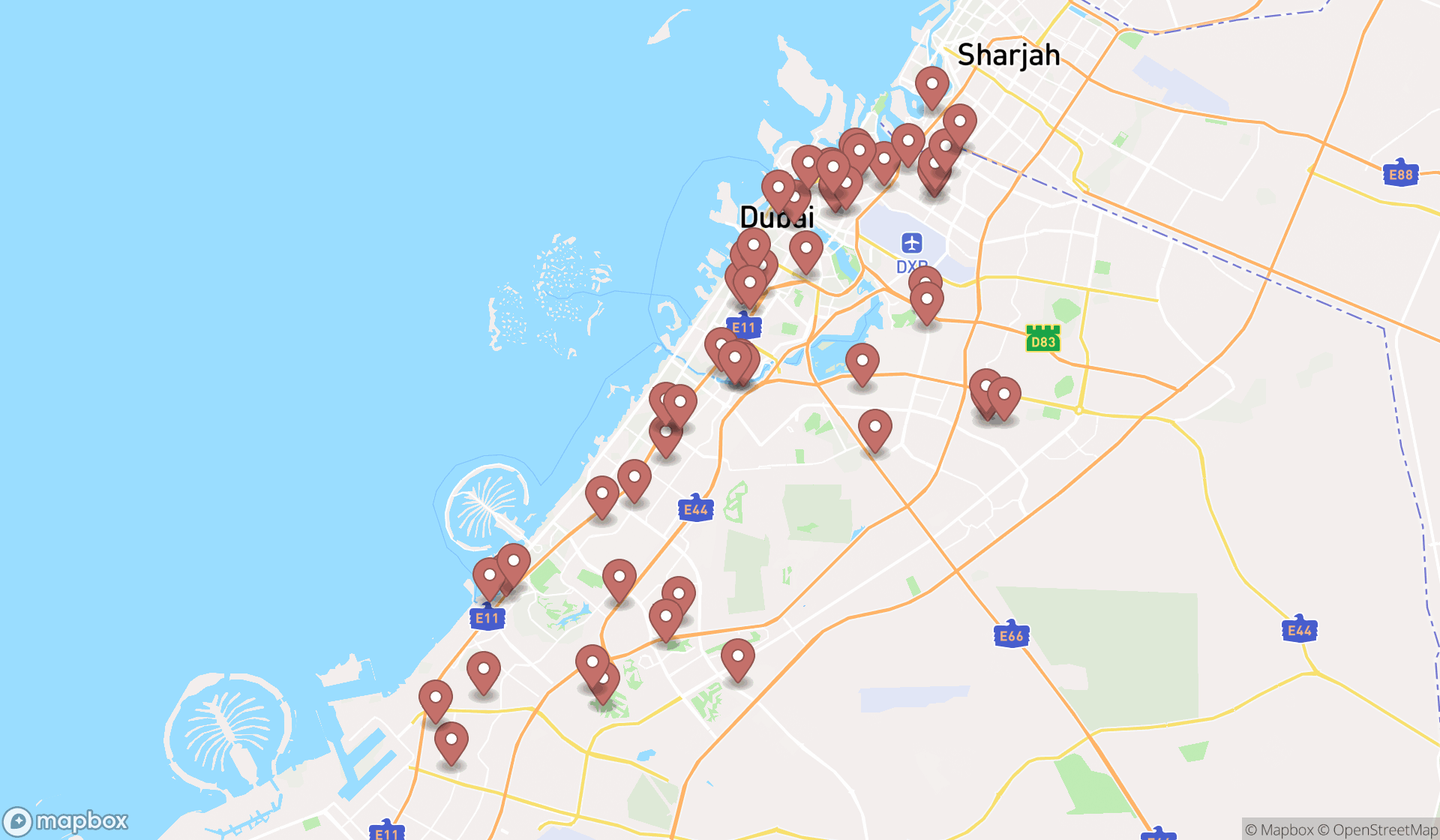 Map showing the search results in Dubai