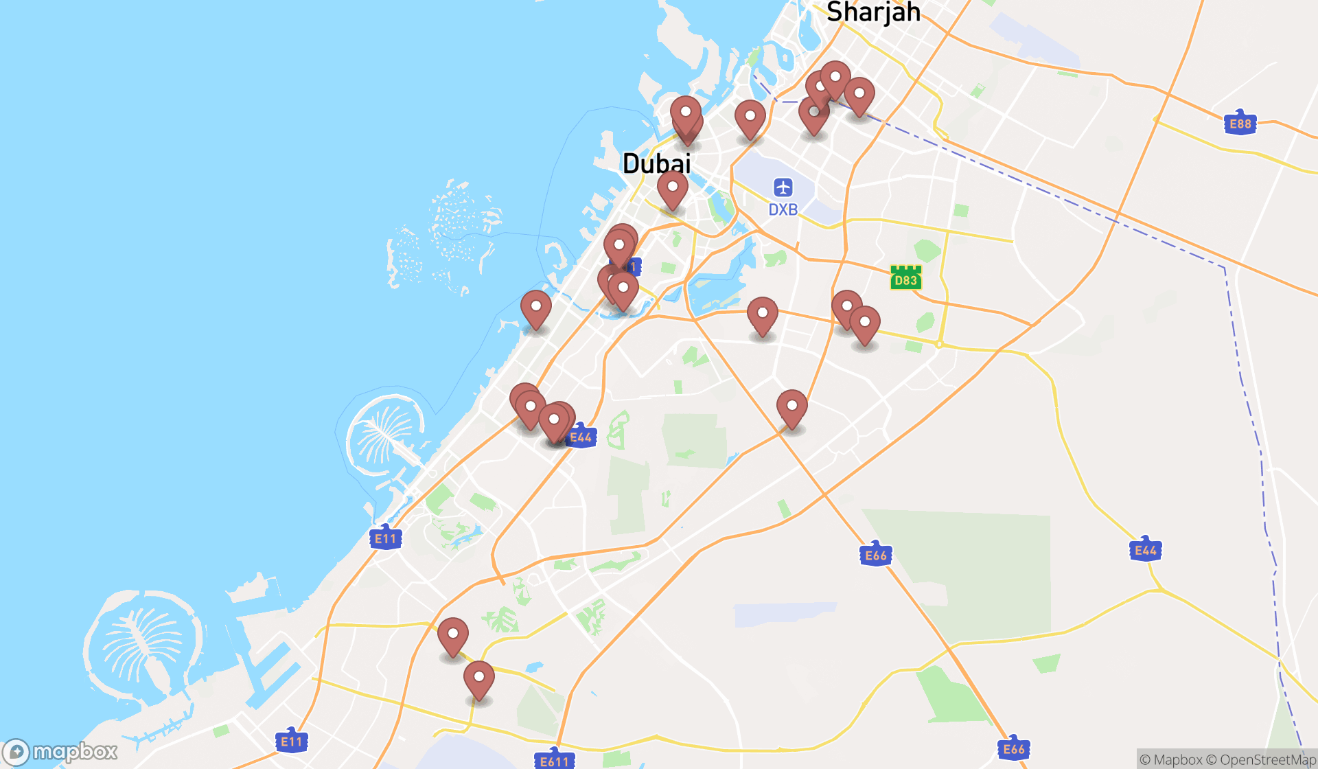 Map showing the search results in Dubai