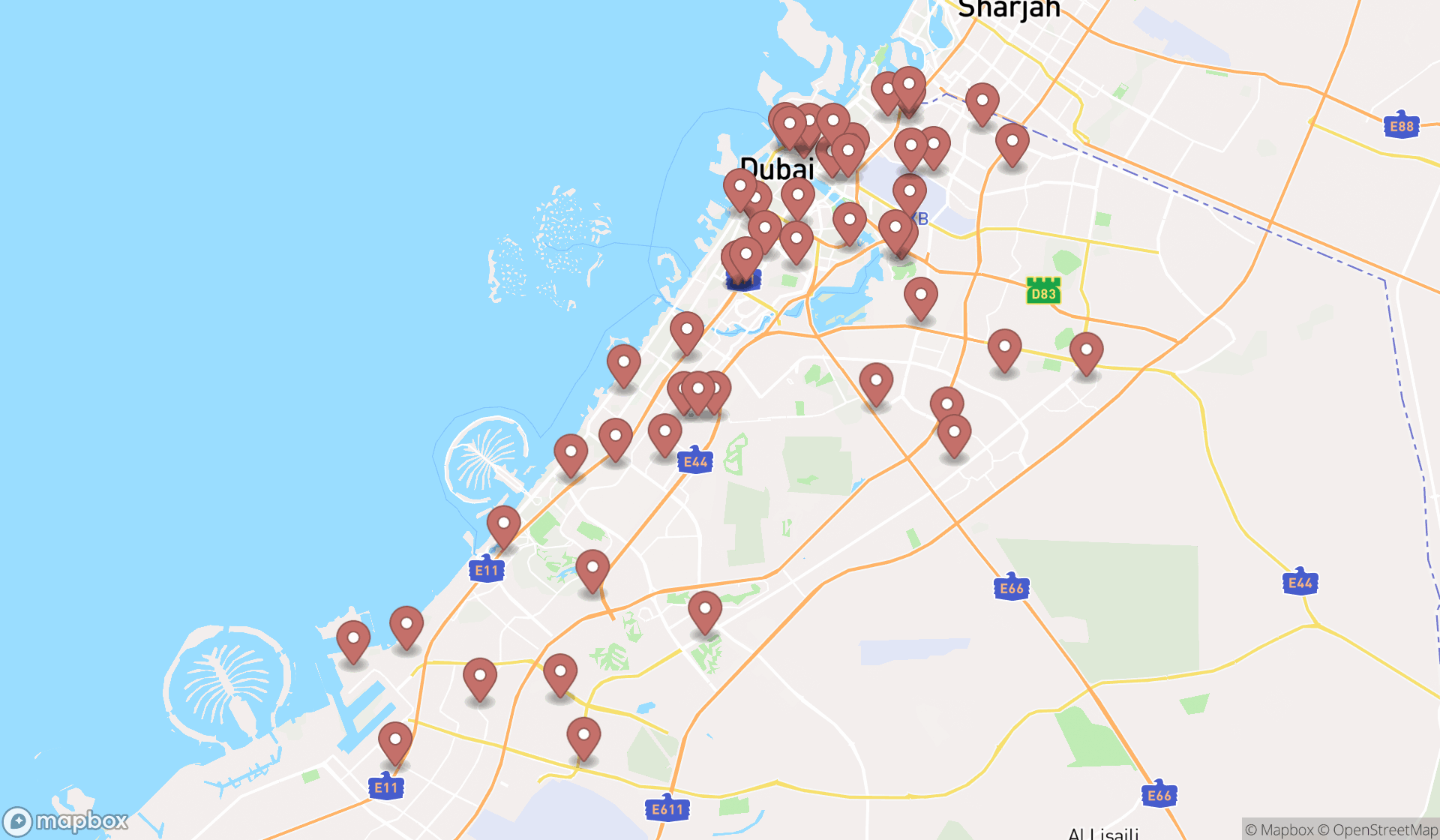 Map showing the search results in Dubai