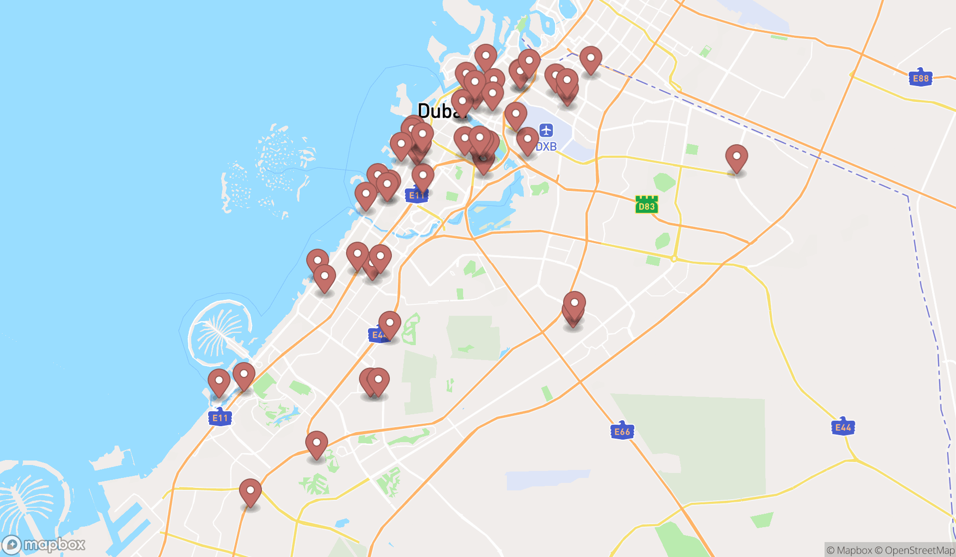 Map showing the search results in Dubai
