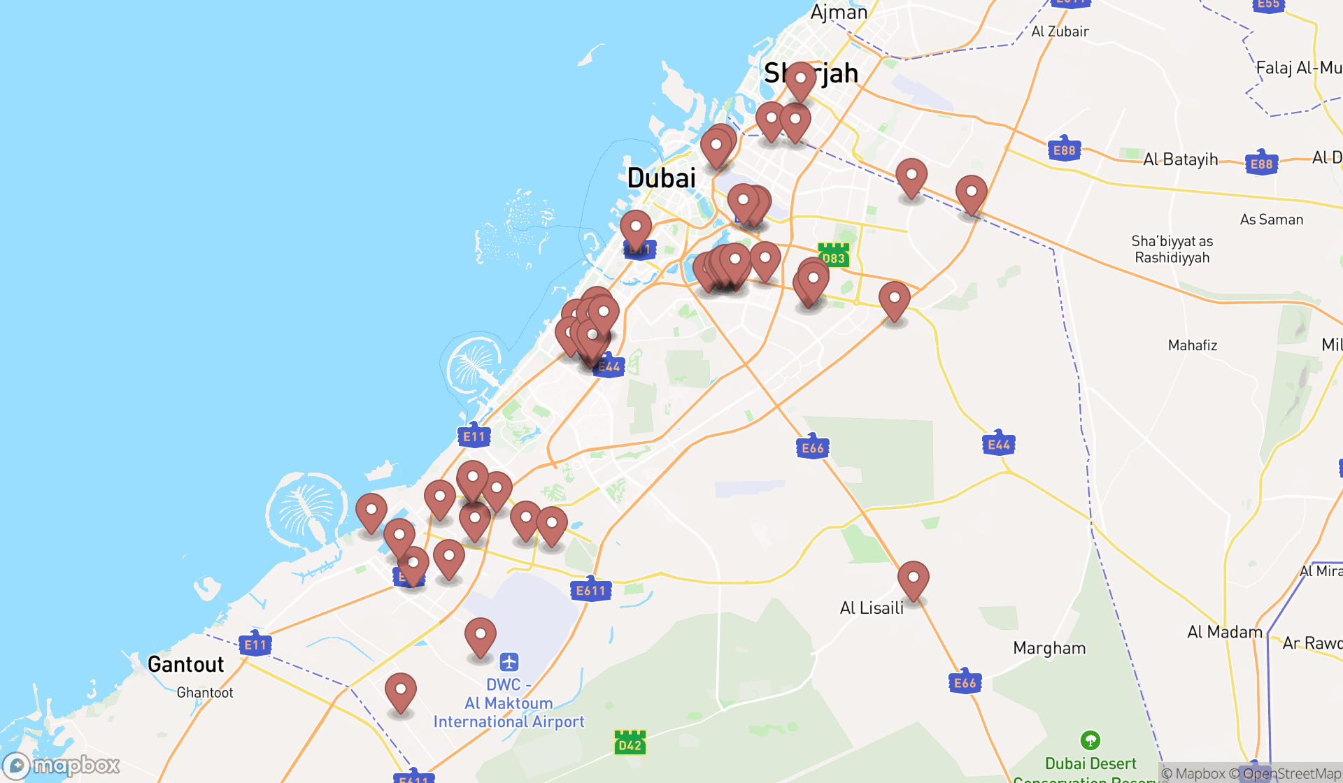 Map showing the search results in Dubai
