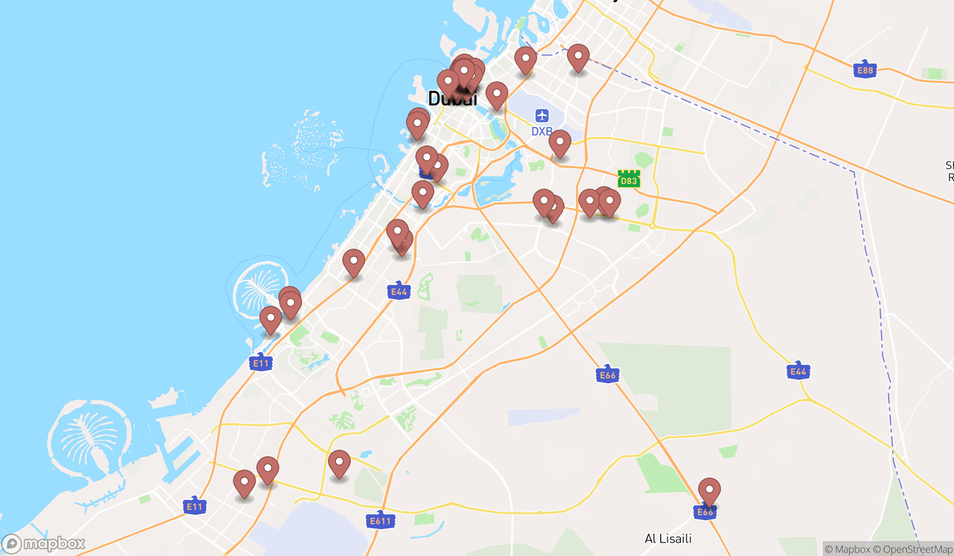 Map showing the search results in Dubai