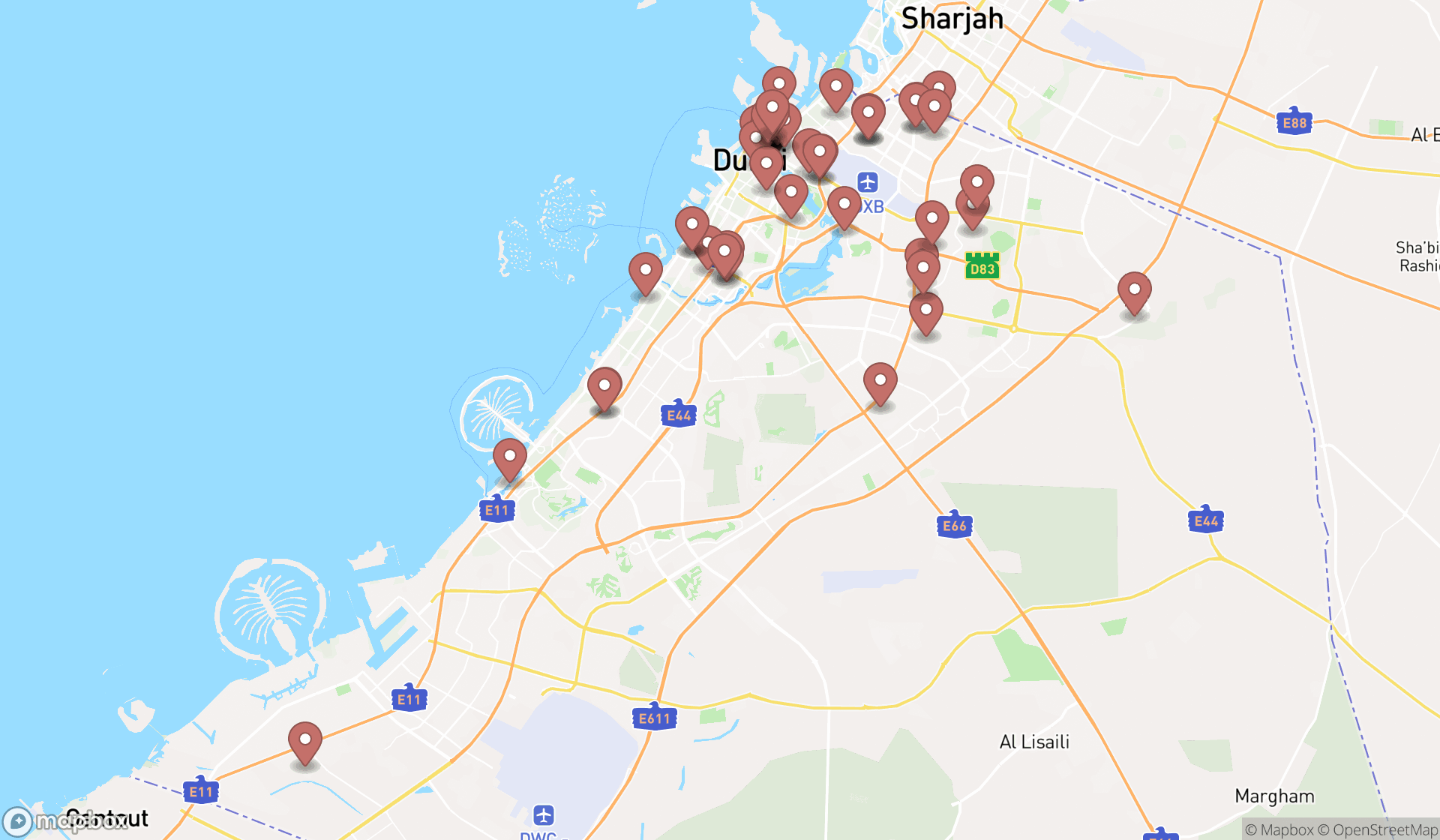 Map showing the search results in Dubai