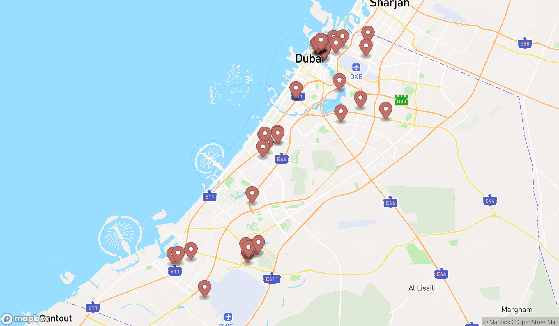 Map showing the search results in Dubai
