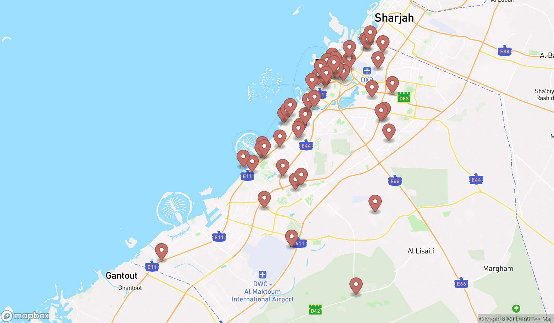 Map showing the search results in Dubai