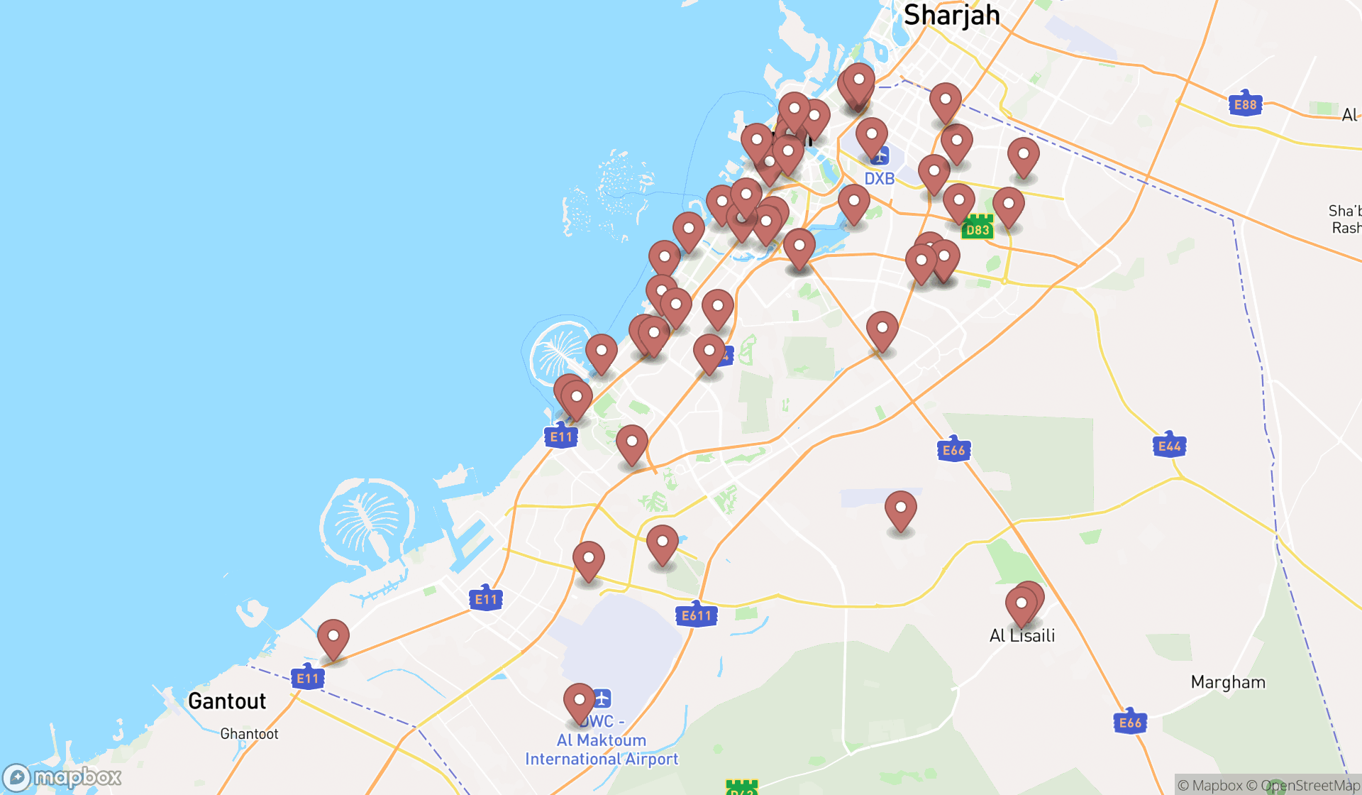 Map showing the search results in Dubai