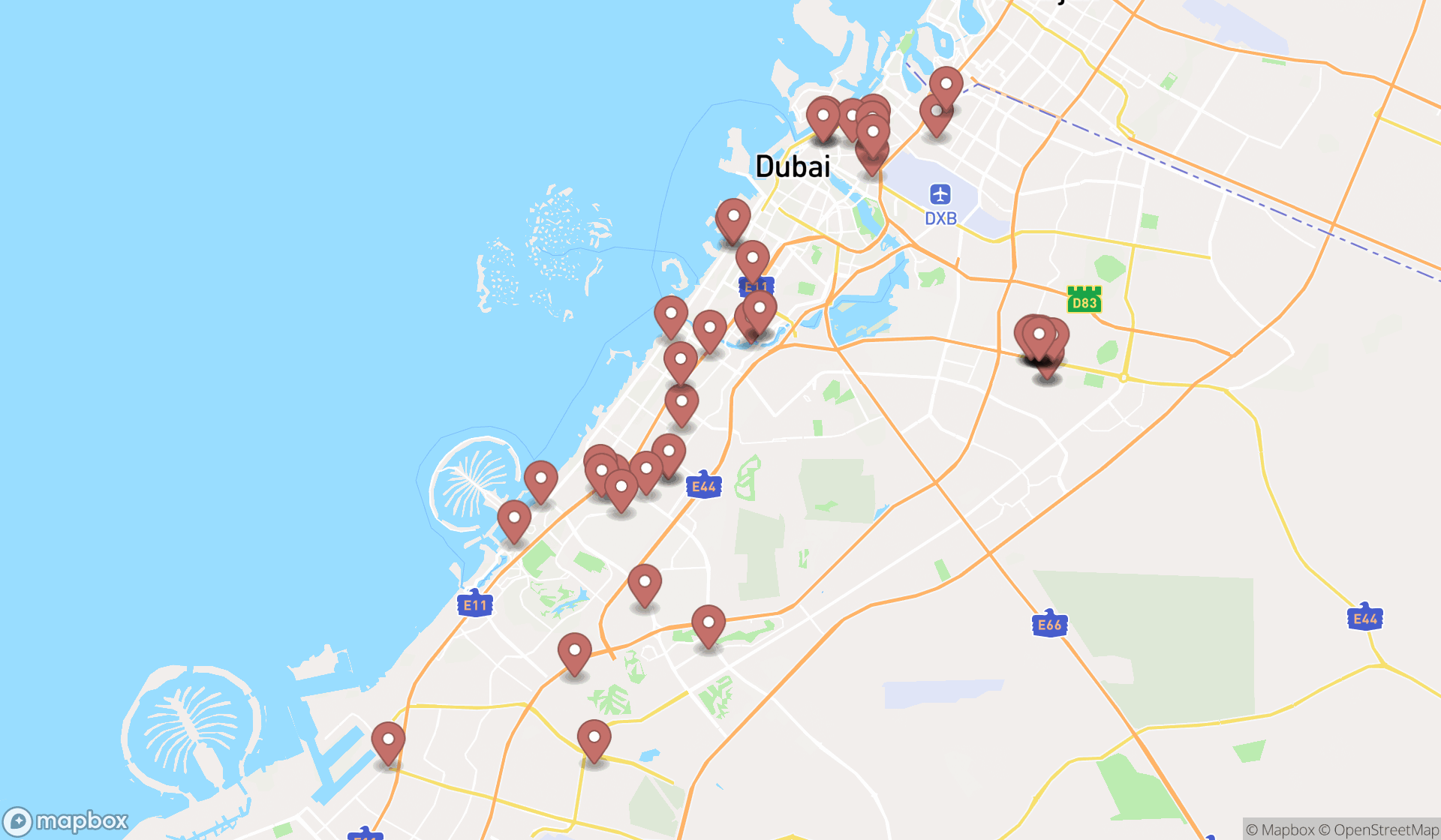 Map showing the search results in Dubai