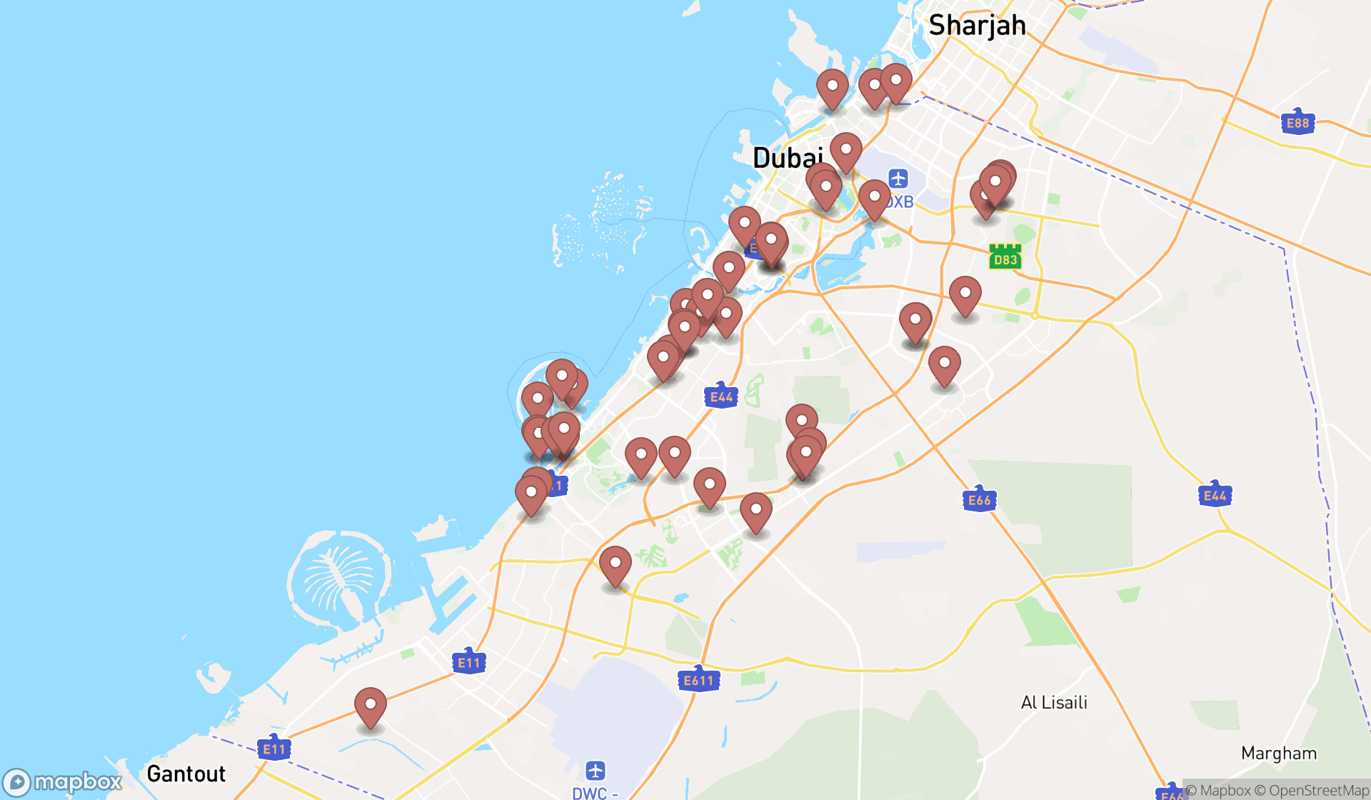 Map showing the search results in Dubai