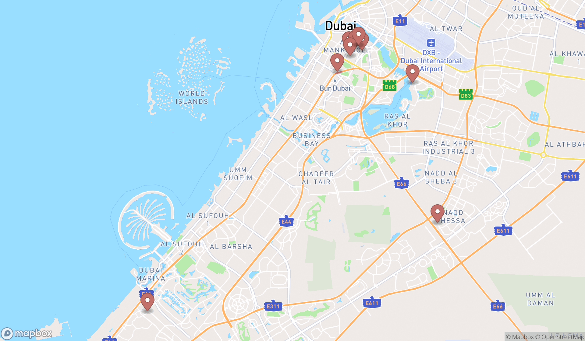 Map showing the search results in Dubai