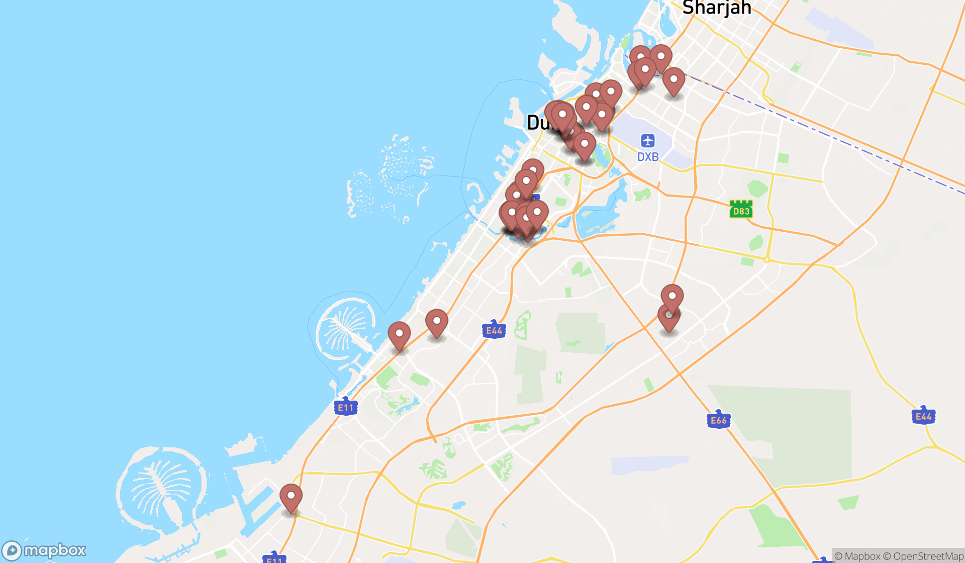 Map showing the search results in Dubai