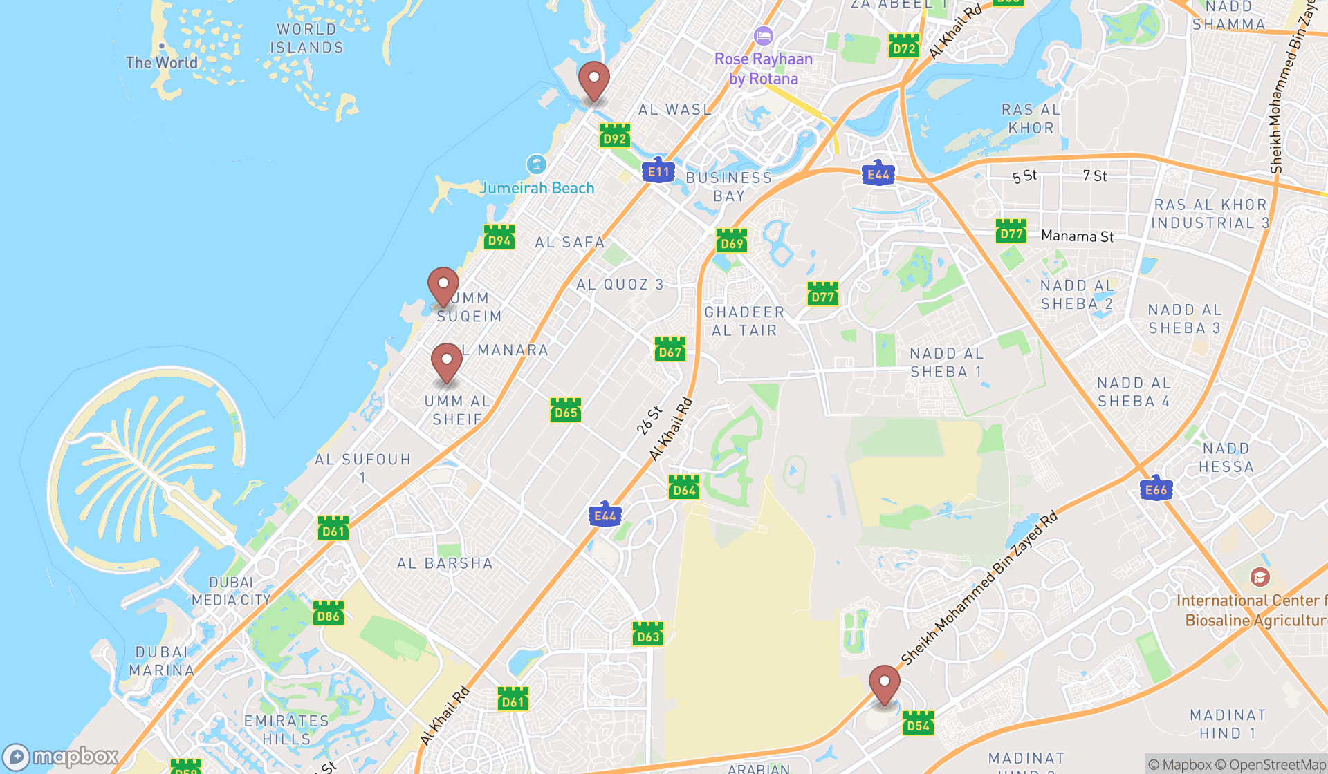 Map showing the search results in Dubai