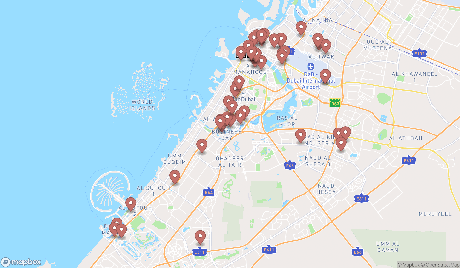 Map showing the search results in Dubai